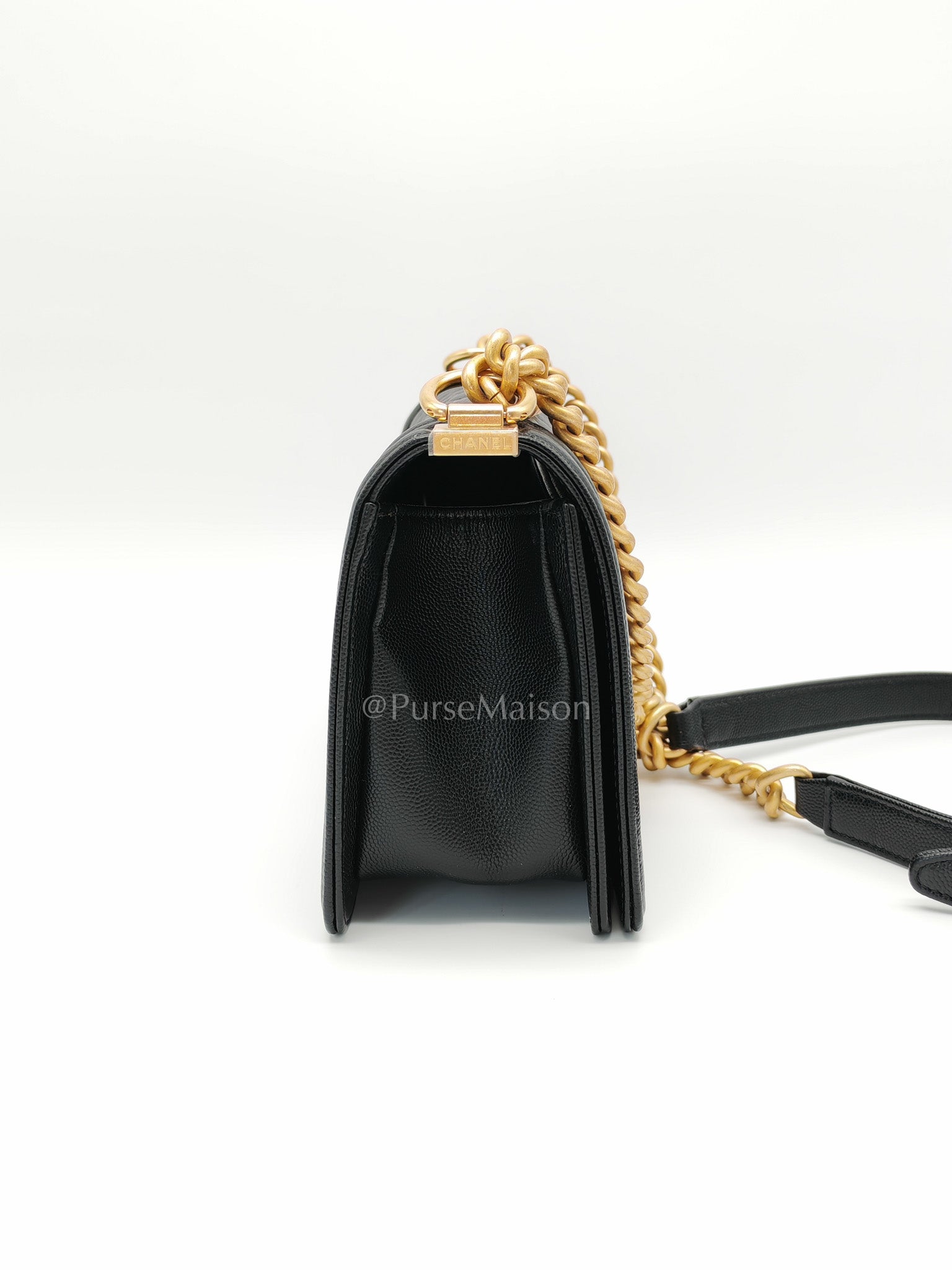 Boy Old Medium in Black Caviar Leather and Aged Gold Hardware Microchip Year 2022 | Purse Maison Luxury Bags Shop