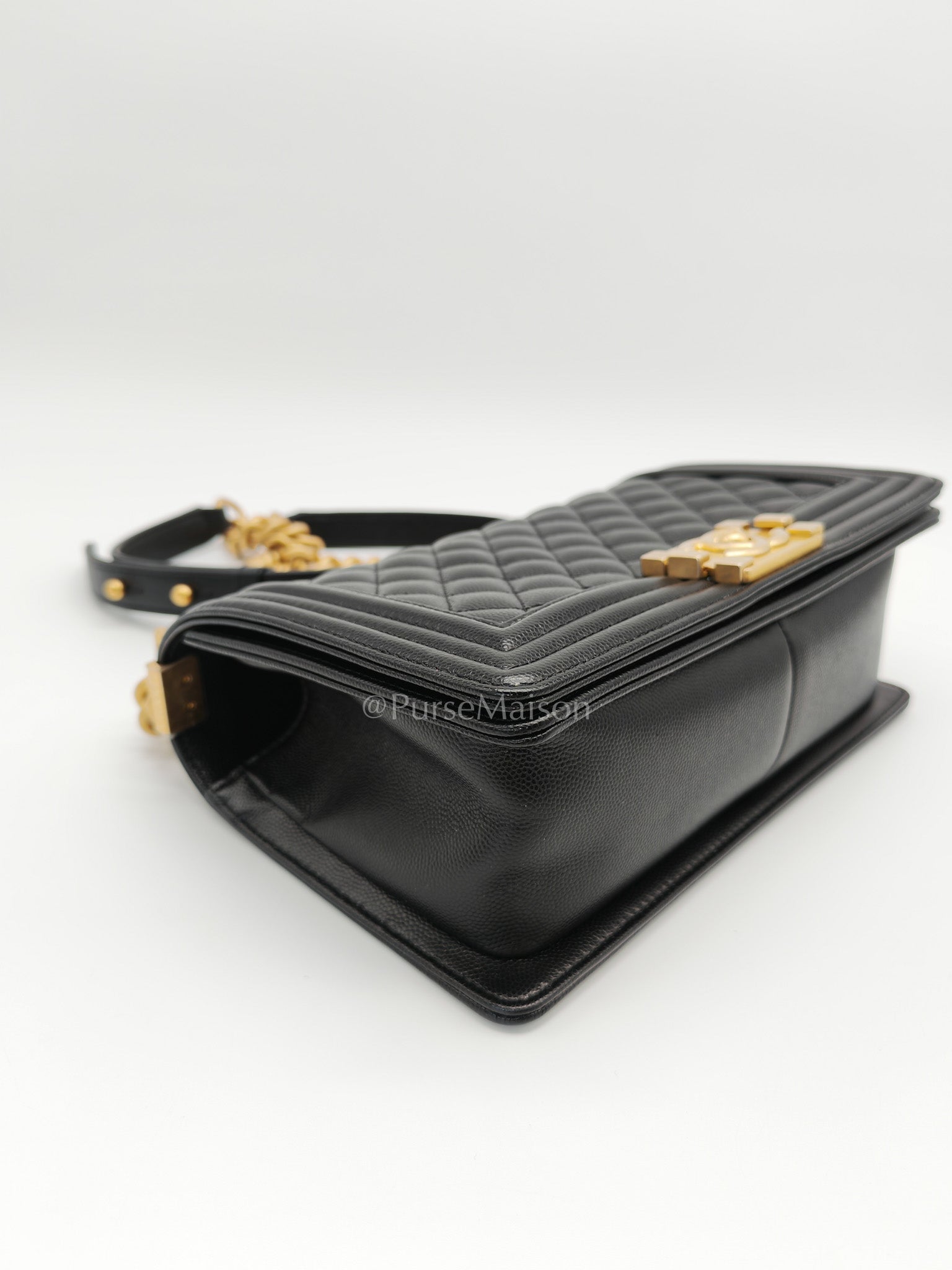 Boy Old Medium in Black Caviar Leather and Aged Gold Hardware Microchip Year 2022 | Purse Maison Luxury Bags Shop