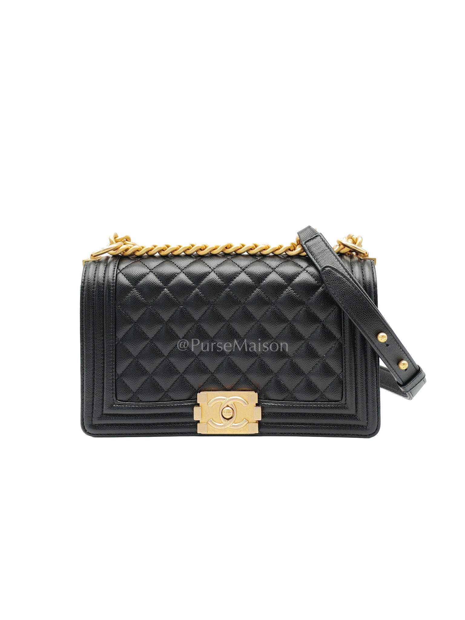 Boy Old Medium in Black Caviar Leather and Aged Gold Hardware Microchip Year 2022 | Purse Maison Luxury Bags Shop
