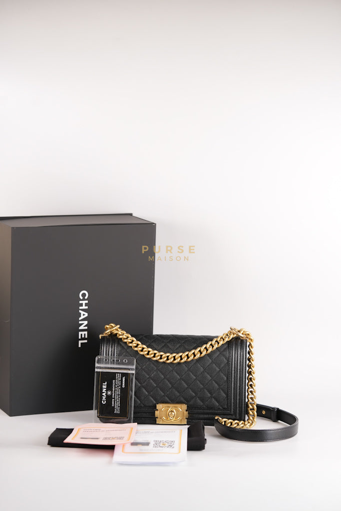 Boy Old Medium in Black Caviar Leather and Aged Gold Hardware Series 28 | Purse Maison Luxury Bags Shop