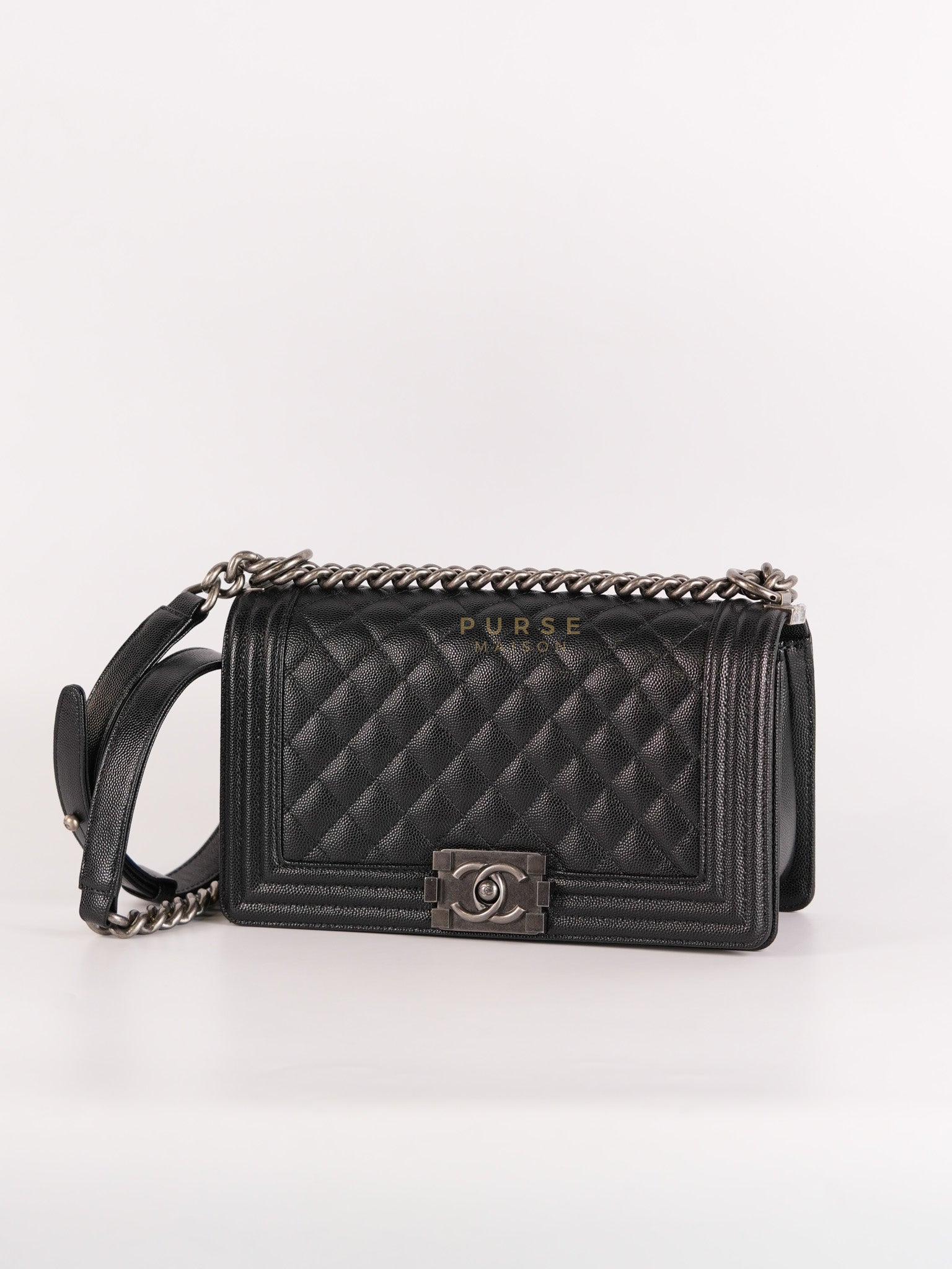 Boy Old Medium in Black Caviar Leather Ruthenium Hardware (Microchip) | Purse Maison Luxury Bags Shop