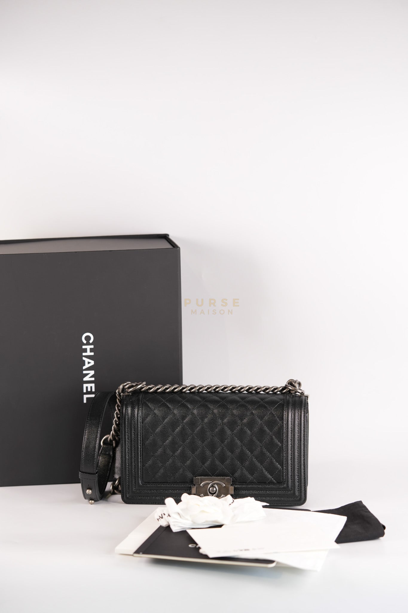 Boy Old Medium in Black Caviar Leather Ruthenium Hardware (Microchip) | Purse Maison Luxury Bags Shop