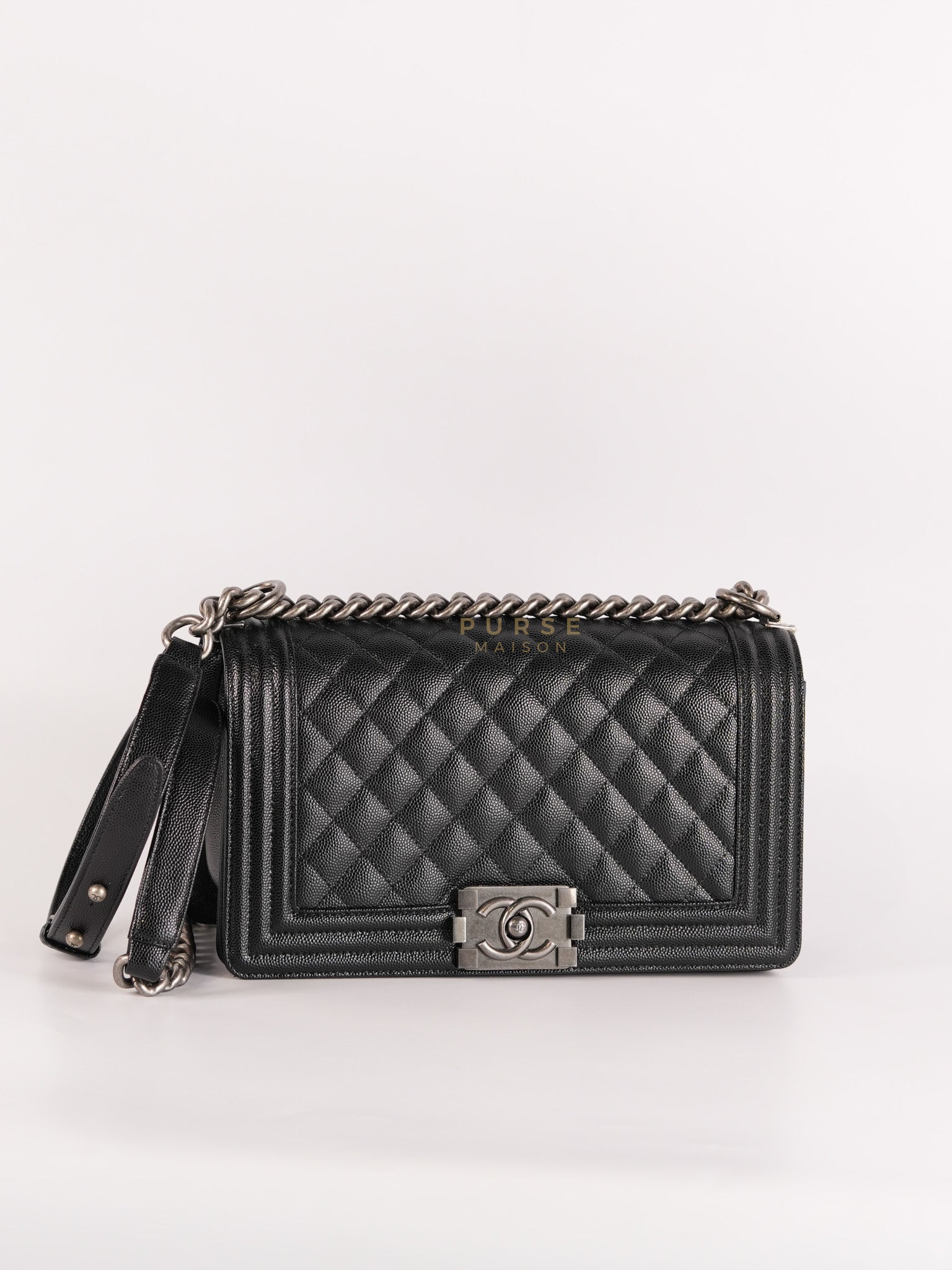 Boy Old Medium in Black Caviar Leather Ruthenium Hardware (Microchip) | Purse Maison Luxury Bags Shop
