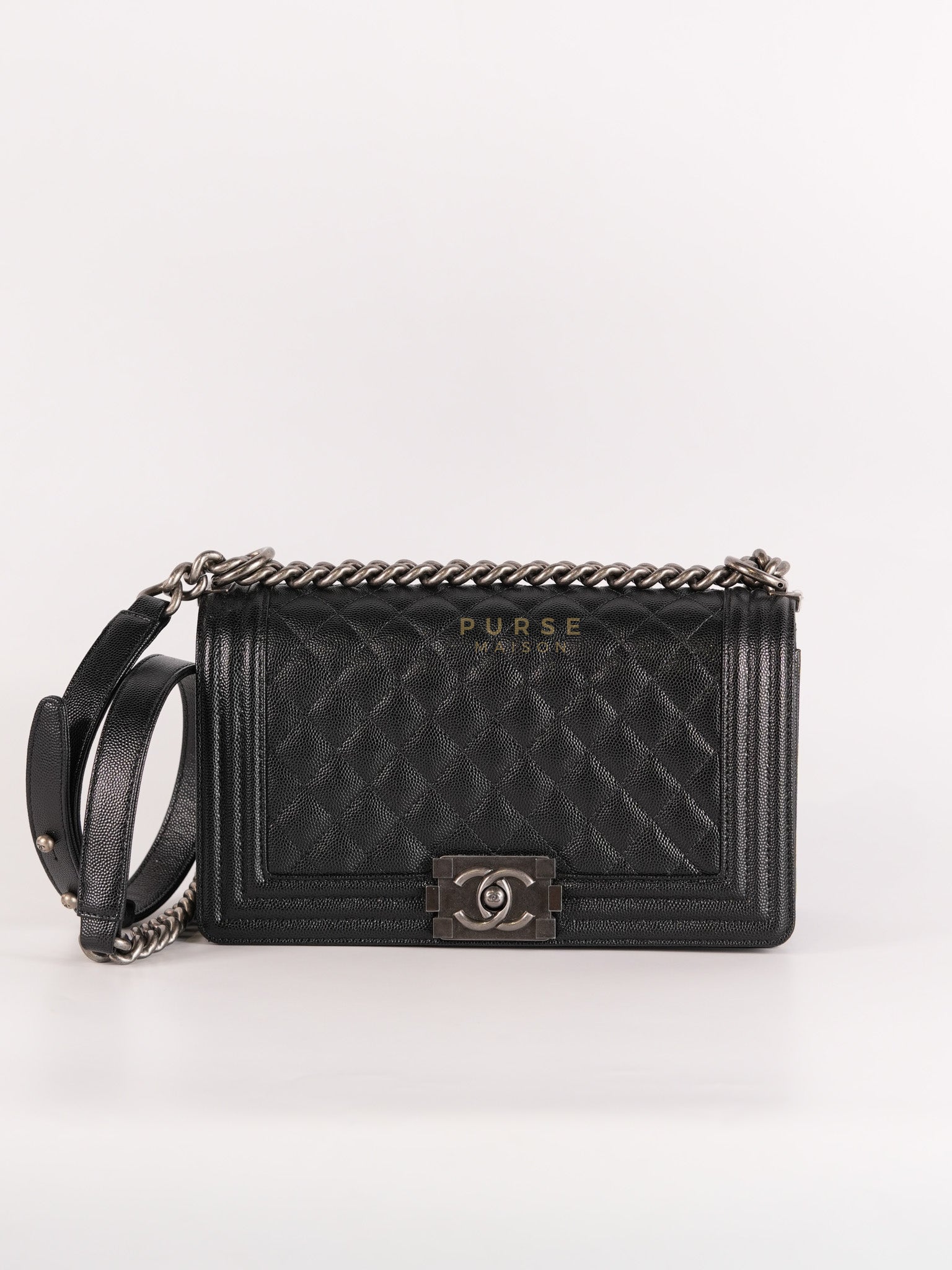 Boy Old Medium in Black Caviar Leather Ruthenium Hardware (Microchip) | Purse Maison Luxury Bags Shop