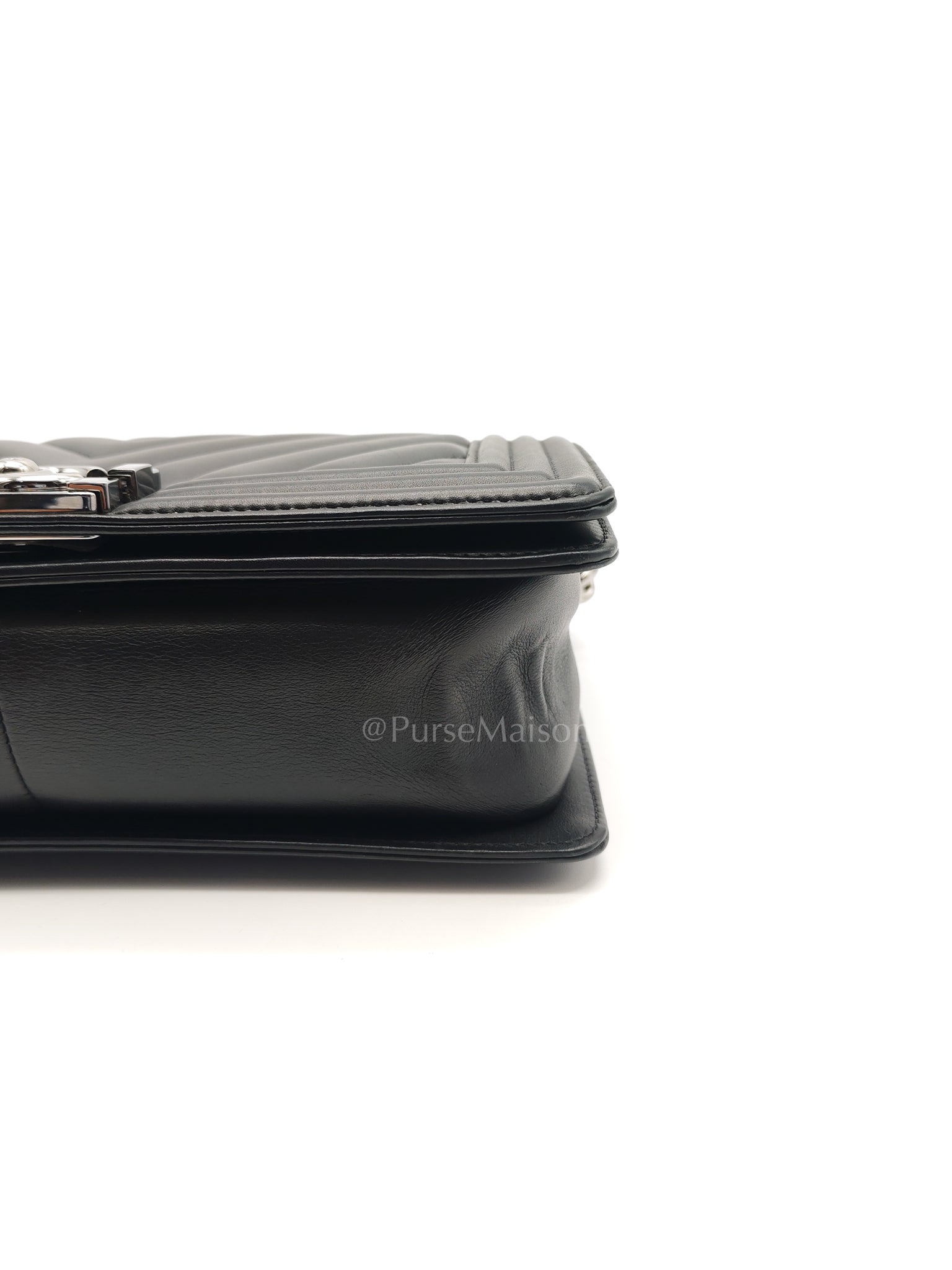 Boy Old Medium in Black Chevron Calfskin Leather and Silver Hardware (Microchip) | Purse Maison Luxury Bags Shop