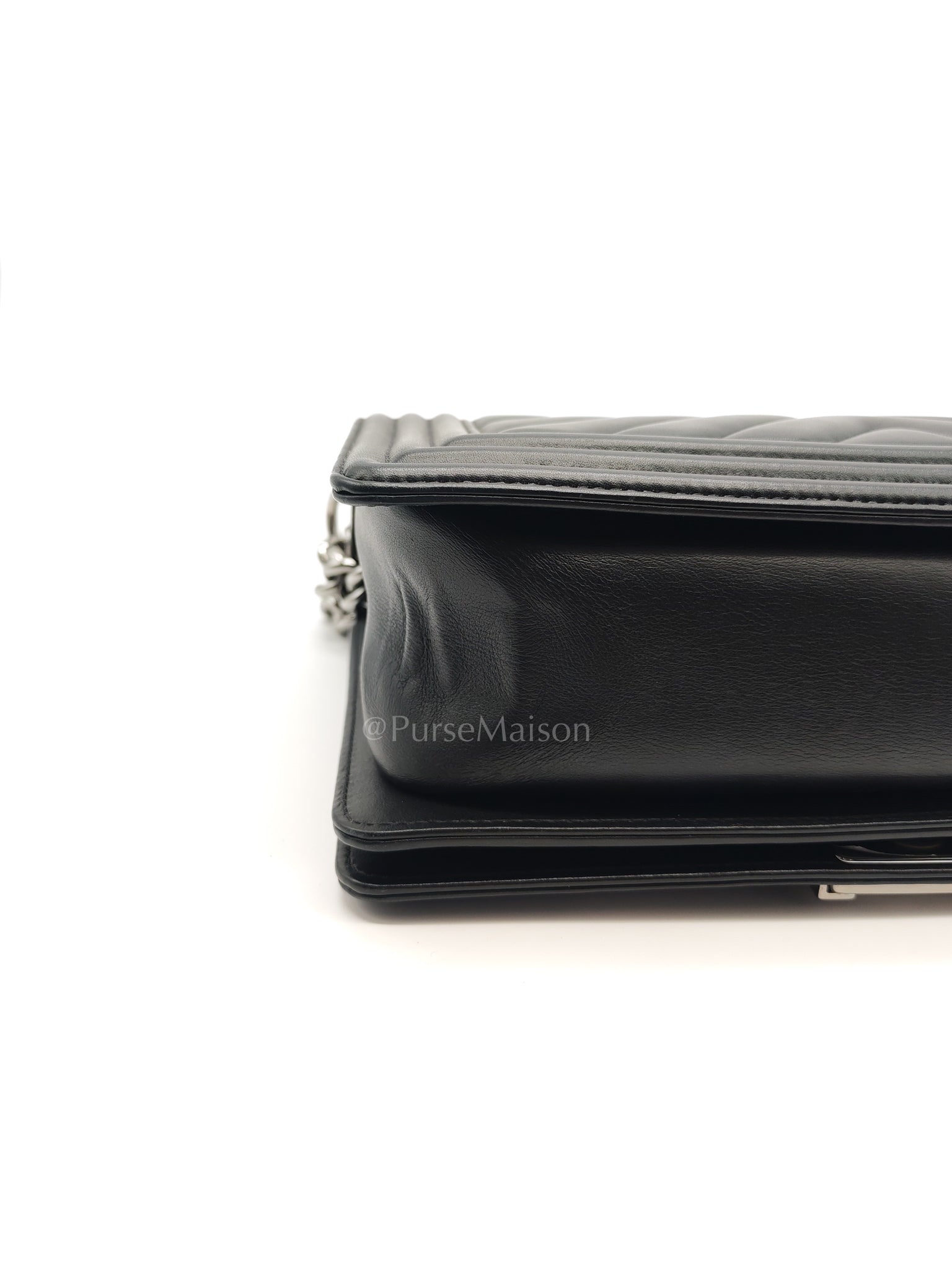 Boy Old Medium in Black Chevron Calfskin Leather and Silver Hardware (Microchip) | Purse Maison Luxury Bags Shop