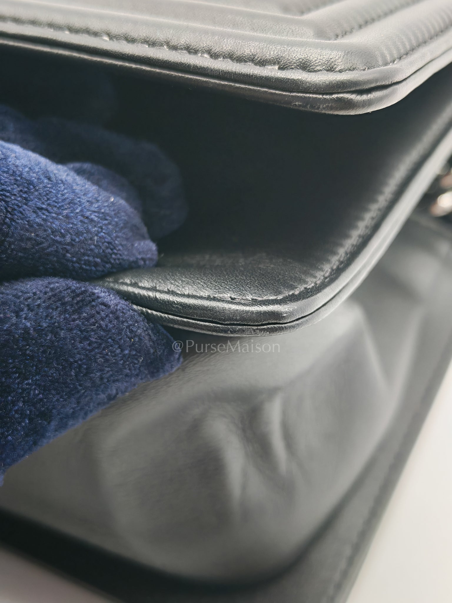 Boy Old Medium in Black Chevron Calfskin Leather and Silver Hardware (Microchip) | Purse Maison Luxury Bags Shop