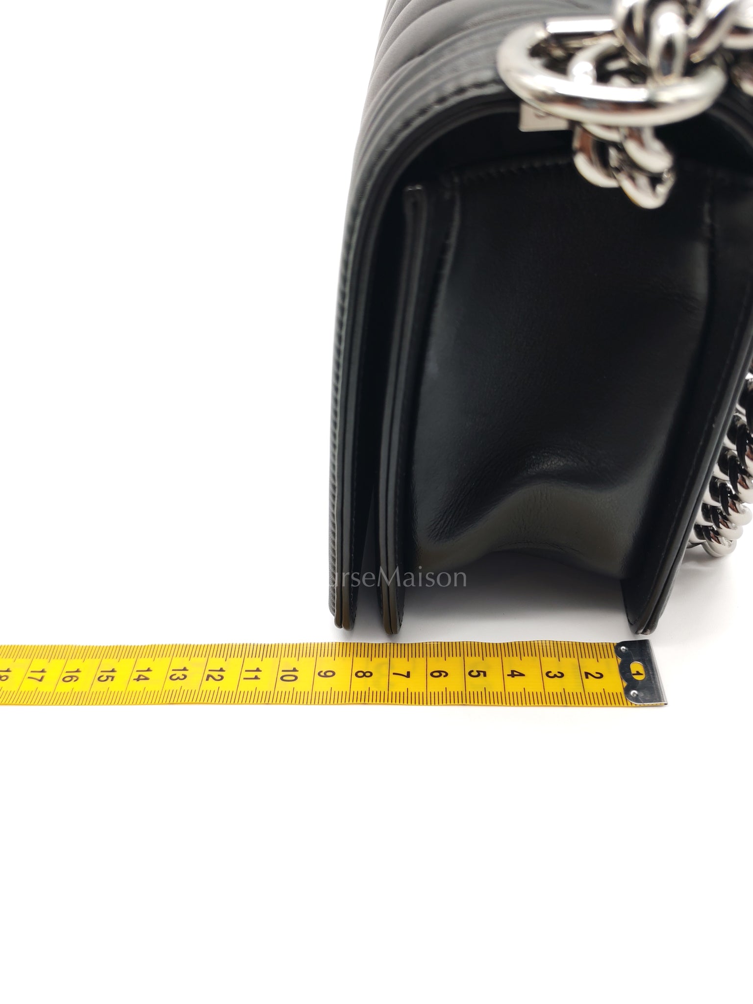 Boy Old Medium in Black Chevron Calfskin Leather and Silver Hardware (Microchip) | Purse Maison Luxury Bags Shop