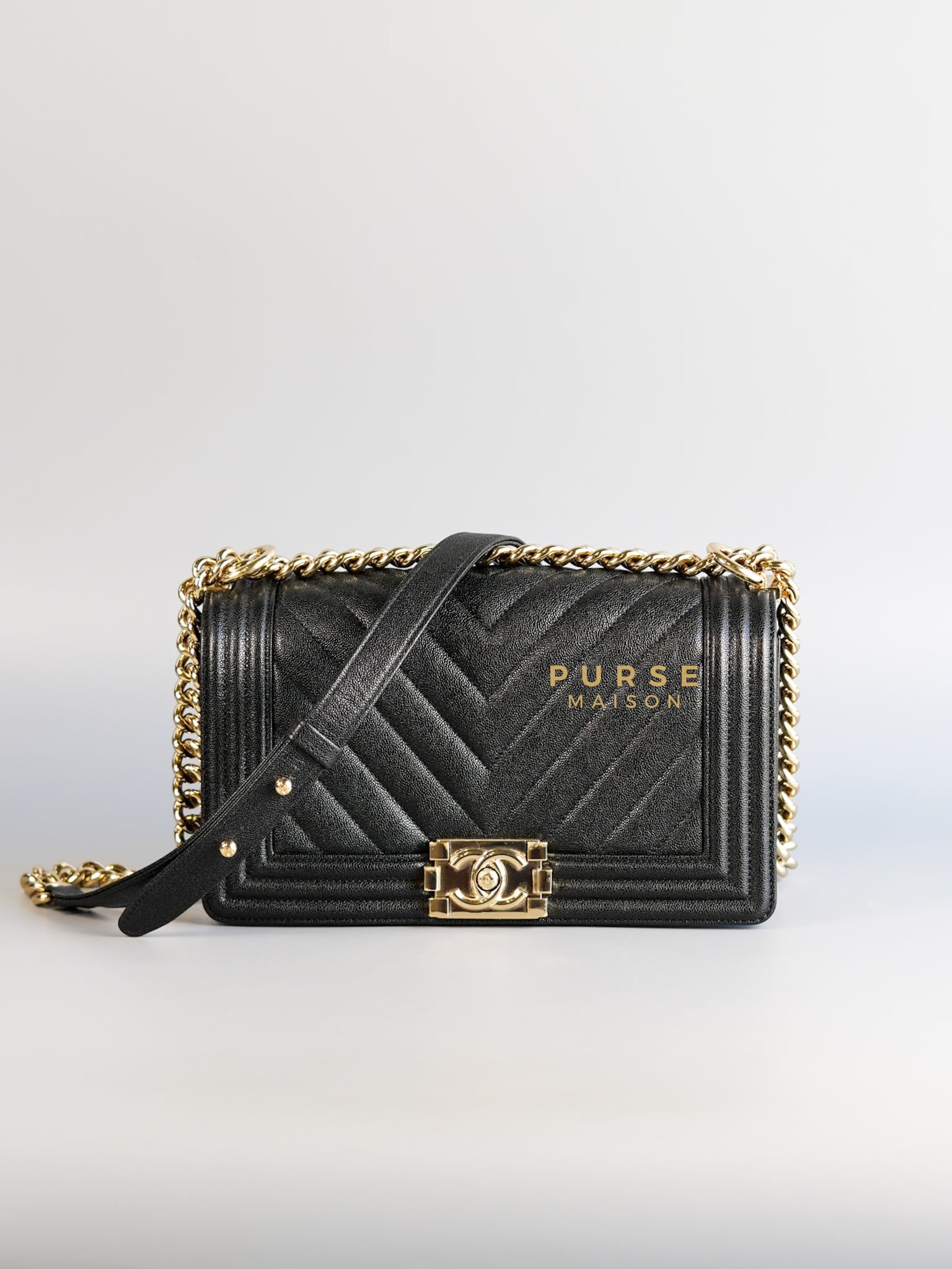 Boy Old Medium in Black Chevron Caviar Leather & Champagne Gold Hardware Series 29 | Purse Maison Luxury Bags Shop