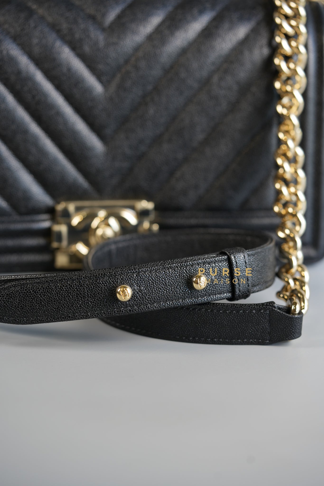 Boy Old Medium in Black Chevron Caviar Leather & Champagne Gold Hardware Series 29 | Purse Maison Luxury Bags Shop