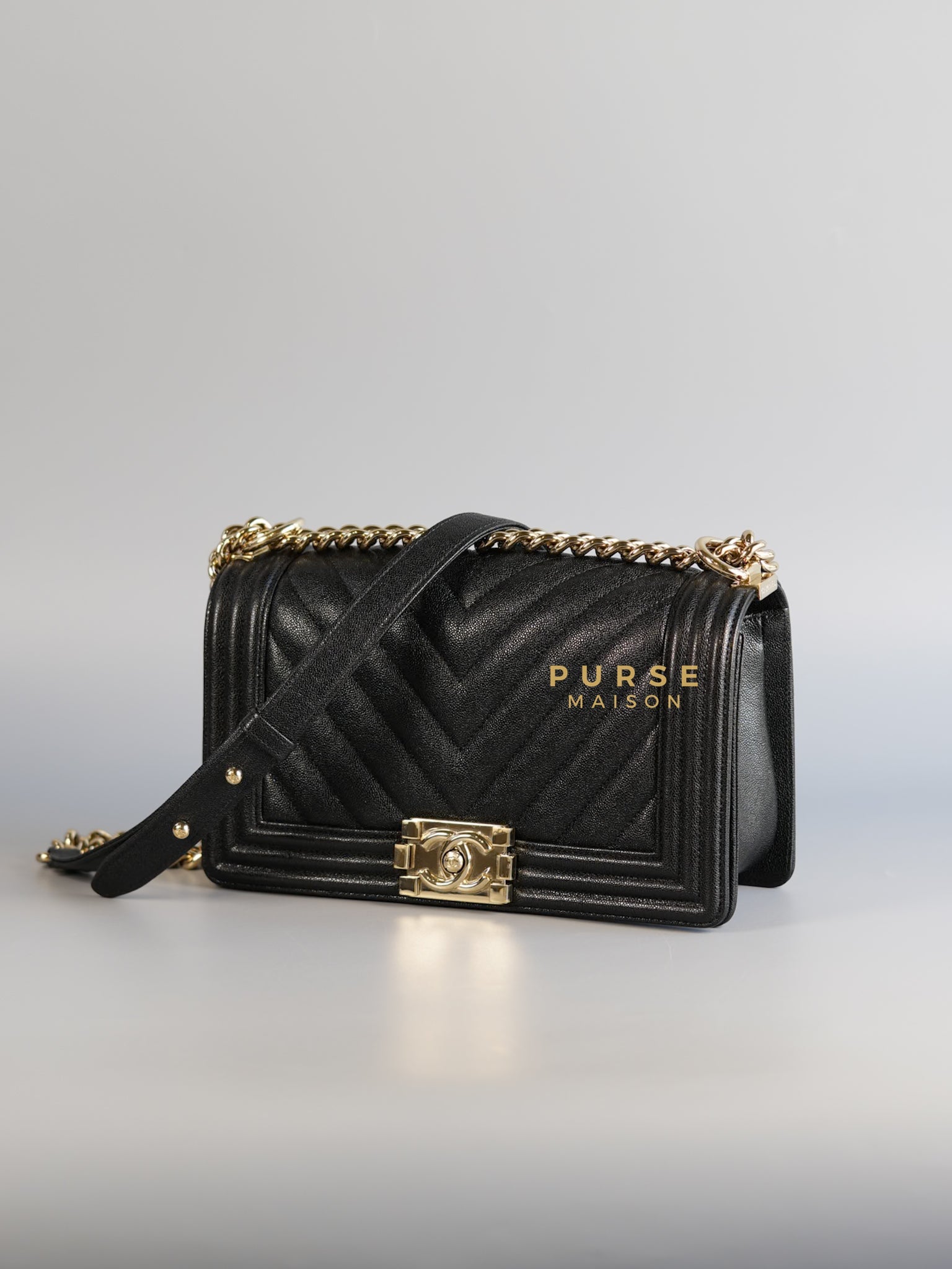 Boy Old Medium in Black Chevron Caviar Leather & Champagne Gold Hardware Series 29 | Purse Maison Luxury Bags Shop