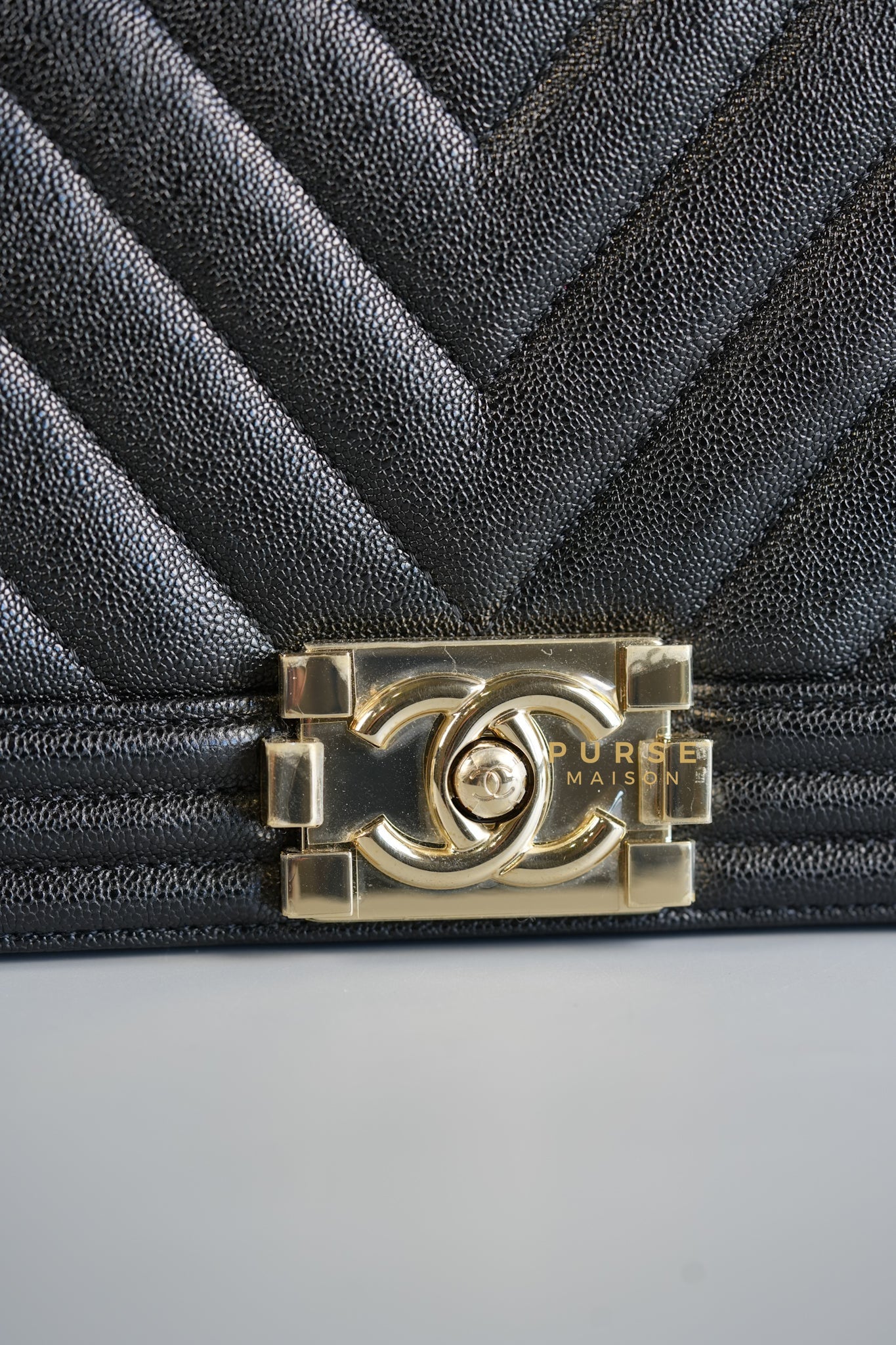 Boy Old Medium in Black Chevron Caviar Leather & Champagne Gold Hardware Series 29 | Purse Maison Luxury Bags Shop