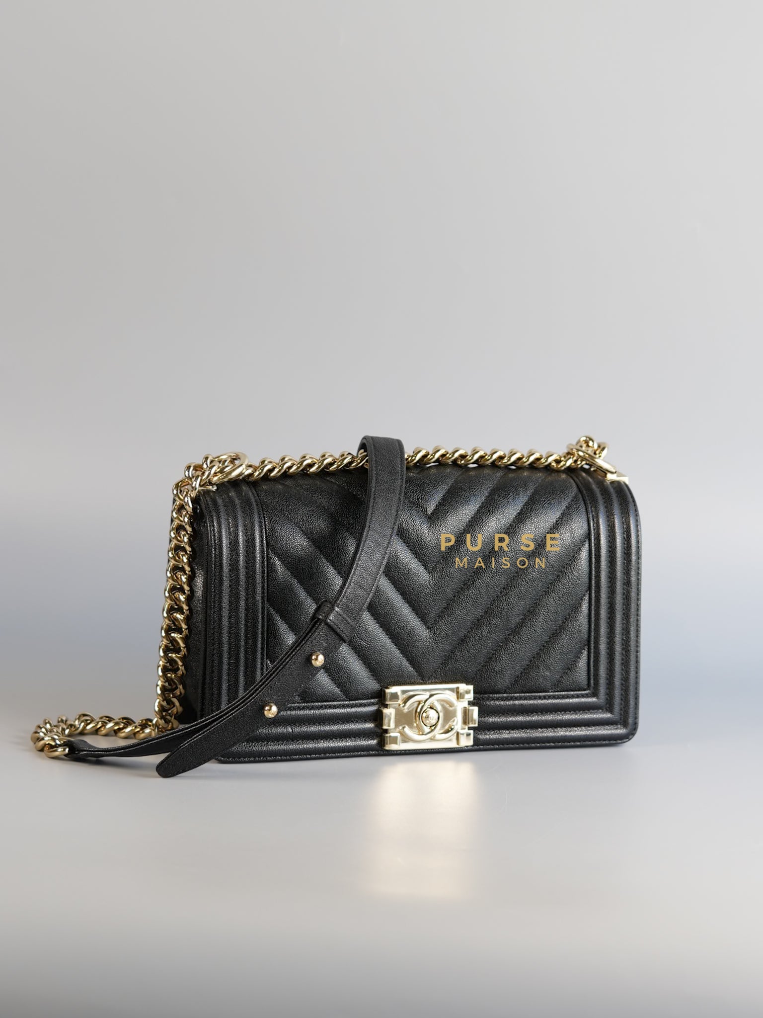 Boy Old Medium in Black Chevron Caviar Leather & Champagne Gold Hardware Series 29 | Purse Maison Luxury Bags Shop