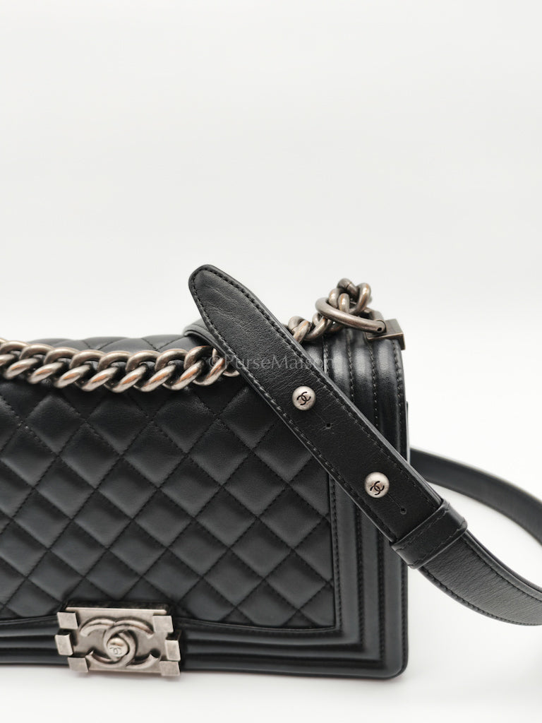 Boy Old Medium in Black Lambskin Ruthenium Hardware (Series 25) | Purse Maison Luxury Bags Shop
