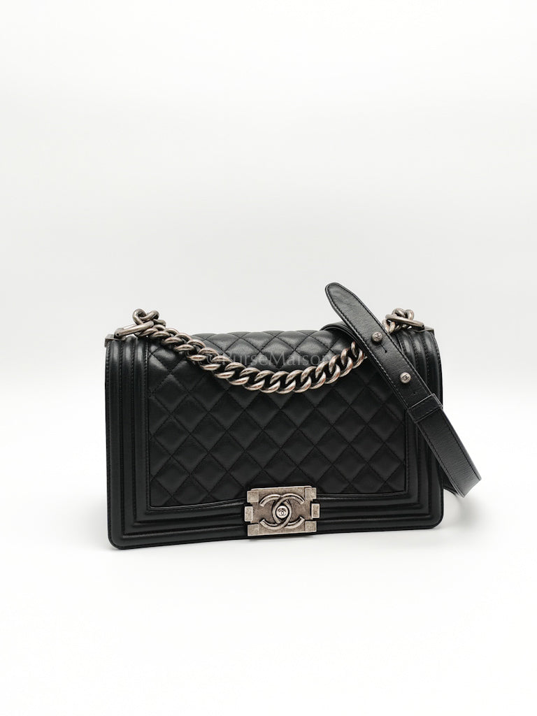 Boy Old Medium in Black Lambskin Ruthenium Hardware (Series 25) | Purse Maison Luxury Bags Shop
