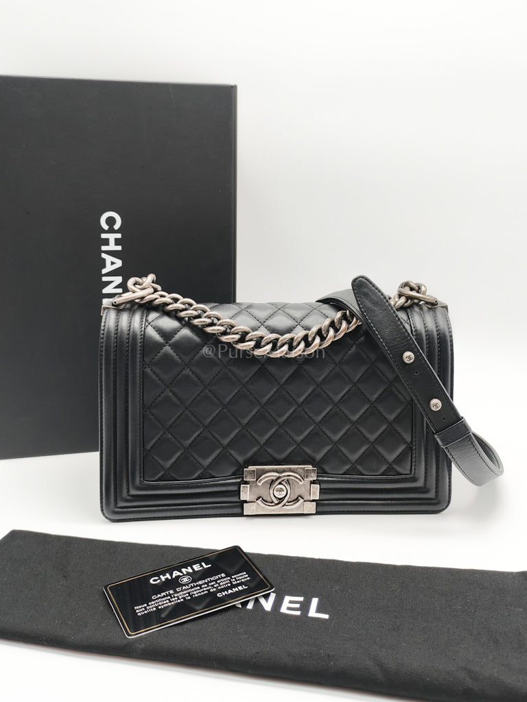 Boy Old Medium in Black Lambskin Ruthenium Hardware (Series 25) | Purse Maison Luxury Bags Shop