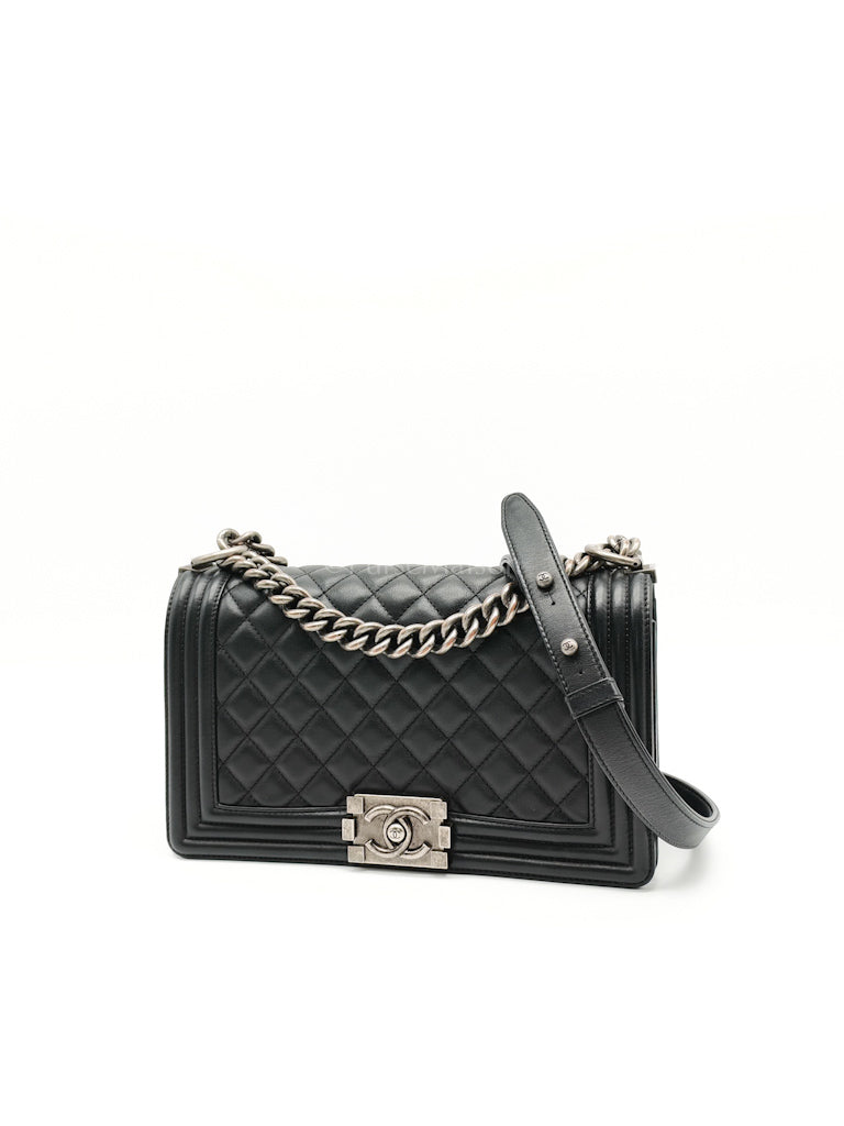 Boy Old Medium in Black Lambskin Ruthenium Hardware (Series 25) | Purse Maison Luxury Bags Shop