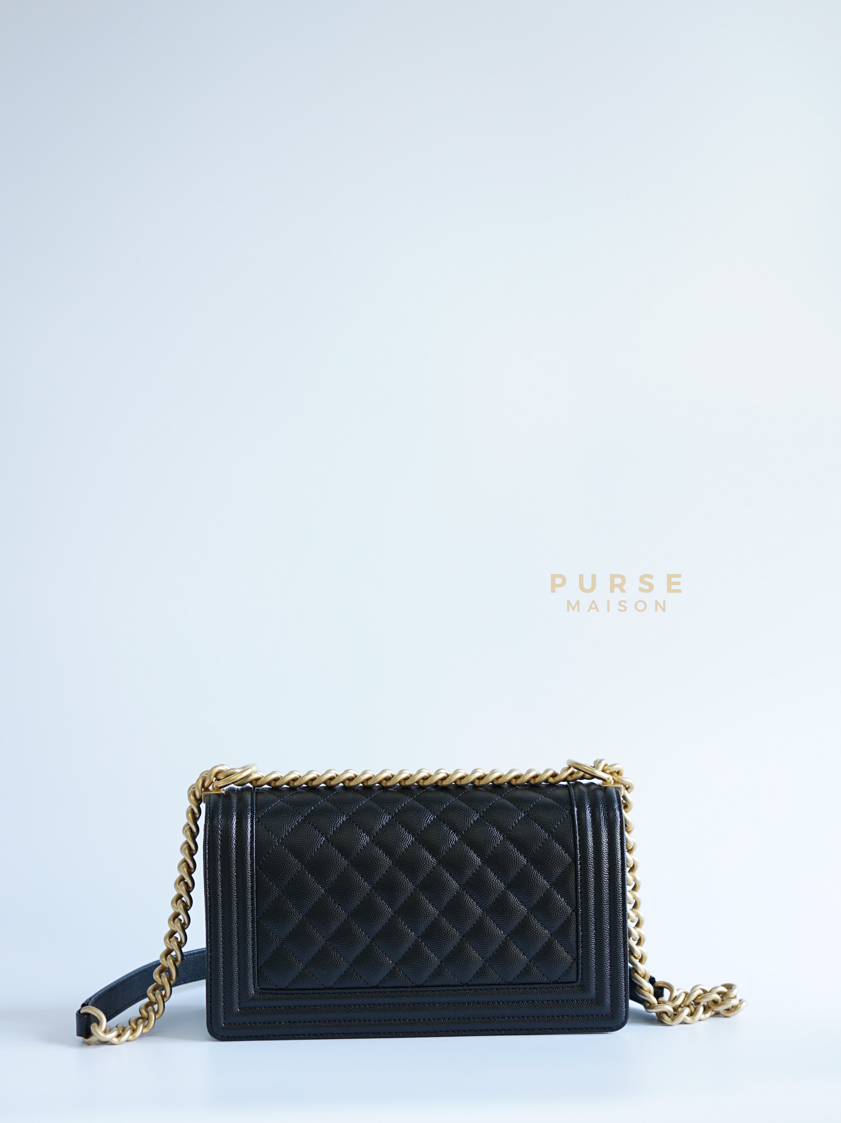 Boy Old Medium in Black Quilted Caviar Leather & Aged Gold Hardware (Microchip) | Purse Maison Luxury Bags Shop