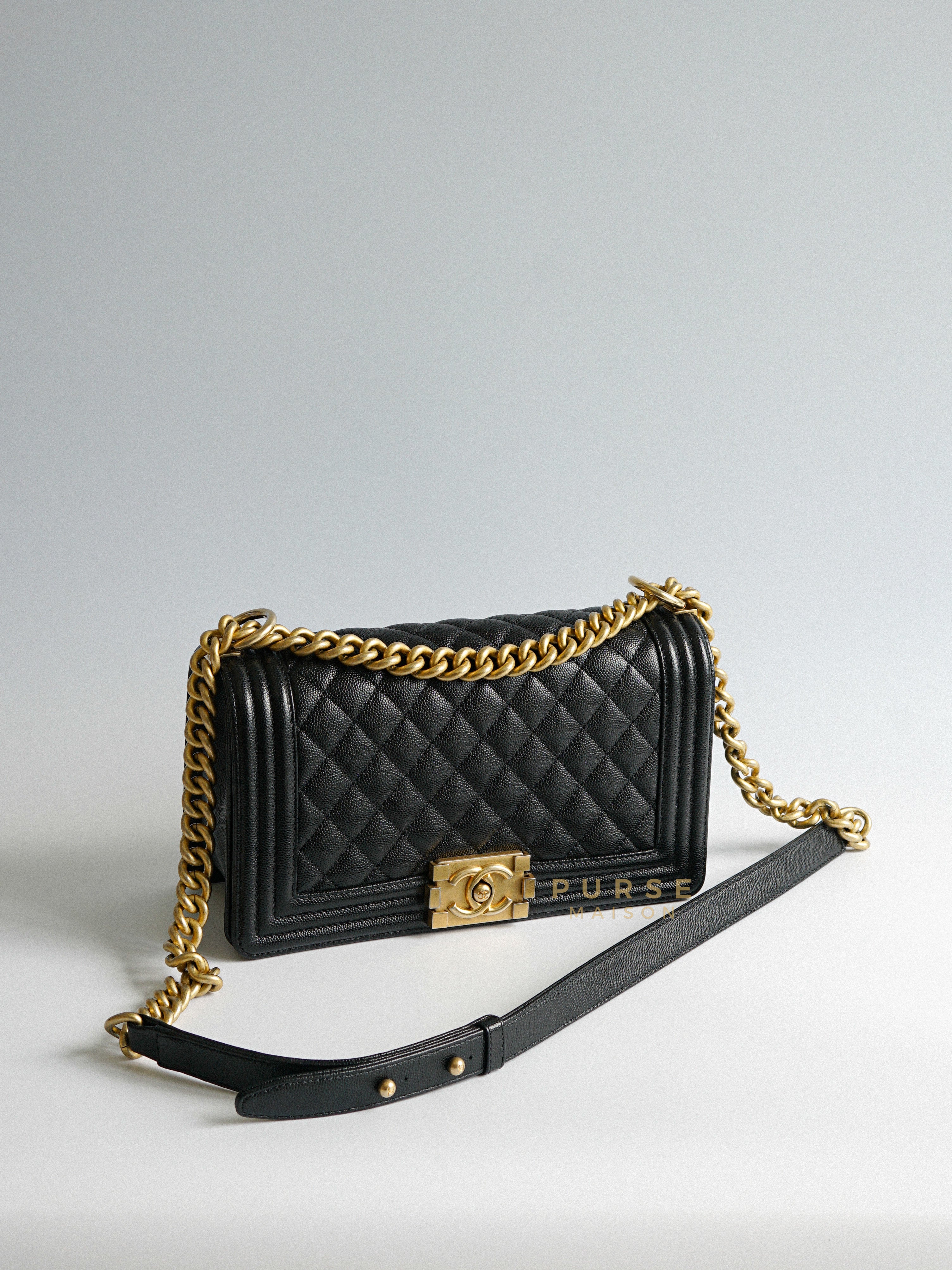 Boy Old Medium in Black Quilted Caviar Leather & Aged Gold Hardware Series 27 | Purse Maison Luxury Bags Shop