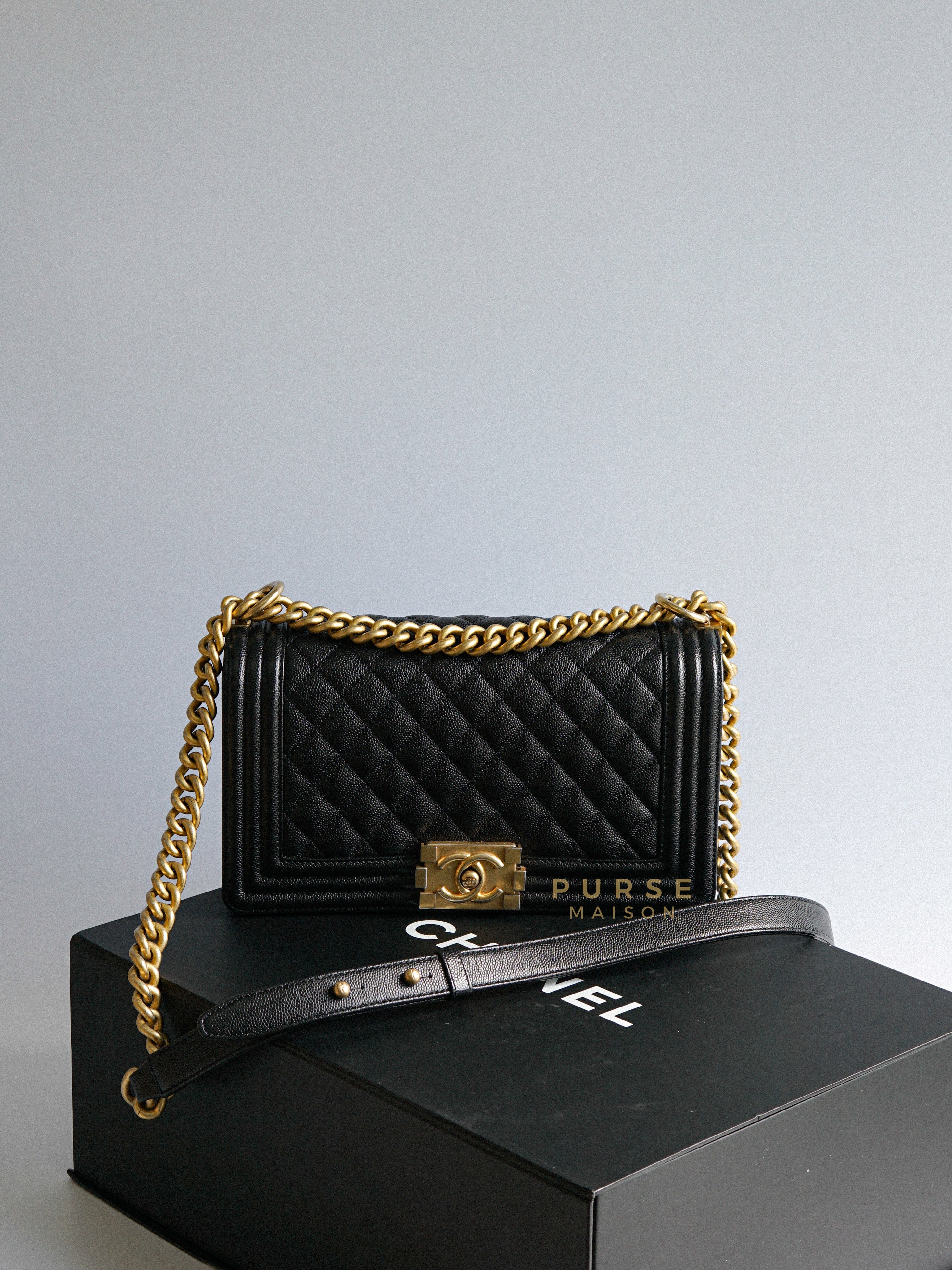 Boy Old Medium in Black Quilted Caviar Leather & Aged Gold Hardware Series 27 | Purse Maison Luxury Bags Shop