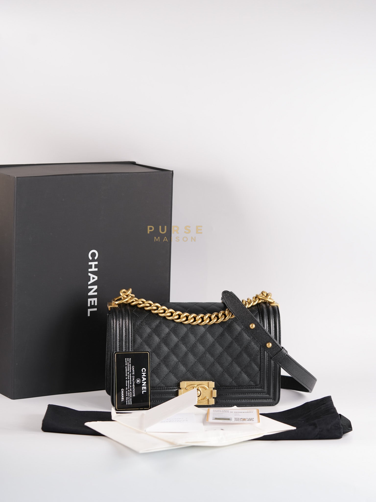 Boy Old Medium in Black Quilted Caviar Leather & Aged Gold Hardware Series 29 | Purse Maison Luxury Bags Shop