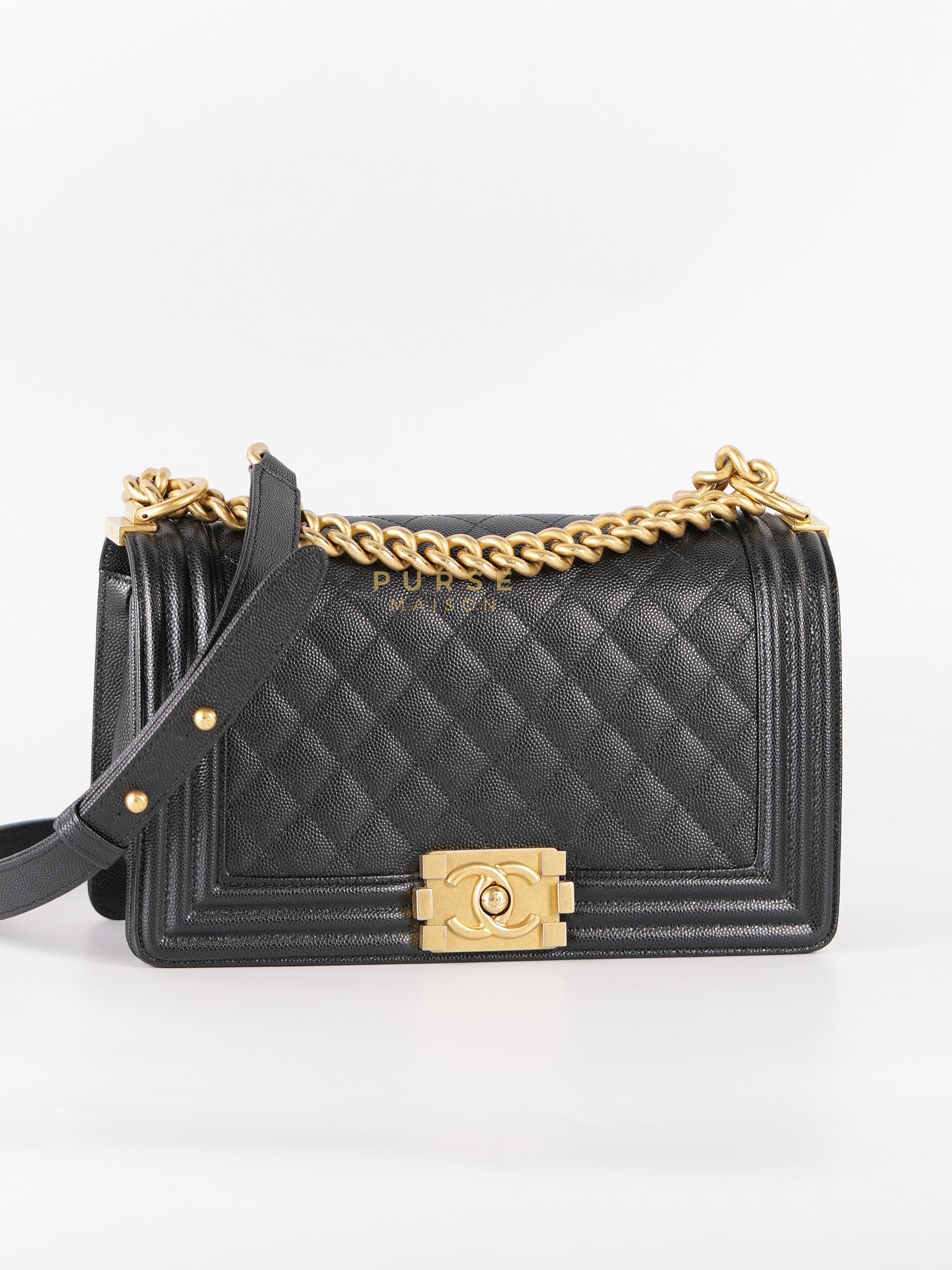 Boy Old Medium in Black Quilted Caviar Leather & Aged Gold Hardware Series 29 | Purse Maison Luxury Bags Shop