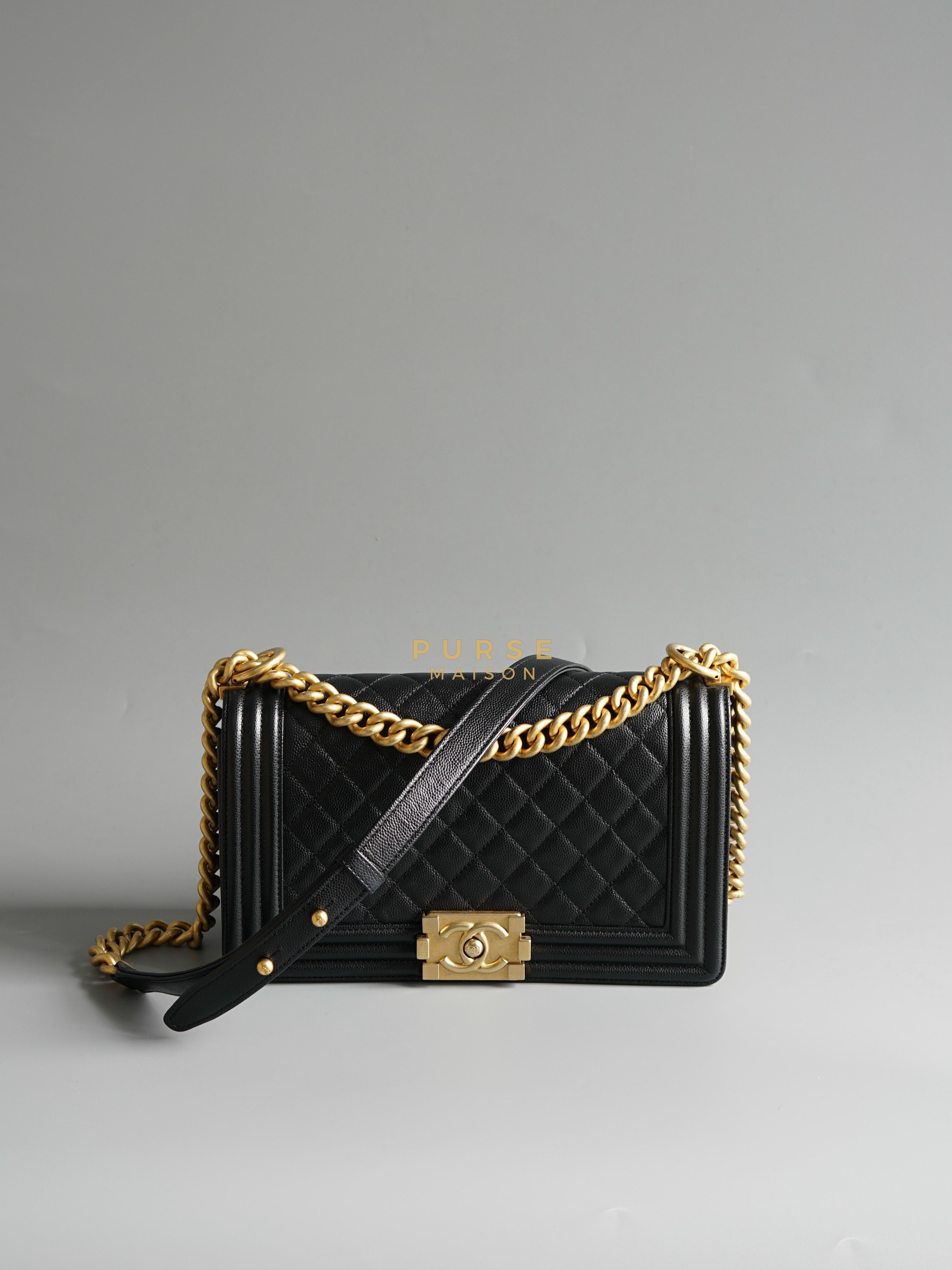 Boy Old Medium in Black Quilted Caviar Leather & Aged Gold Hardware Series 29 | Purse Maison Luxury Bags Shop