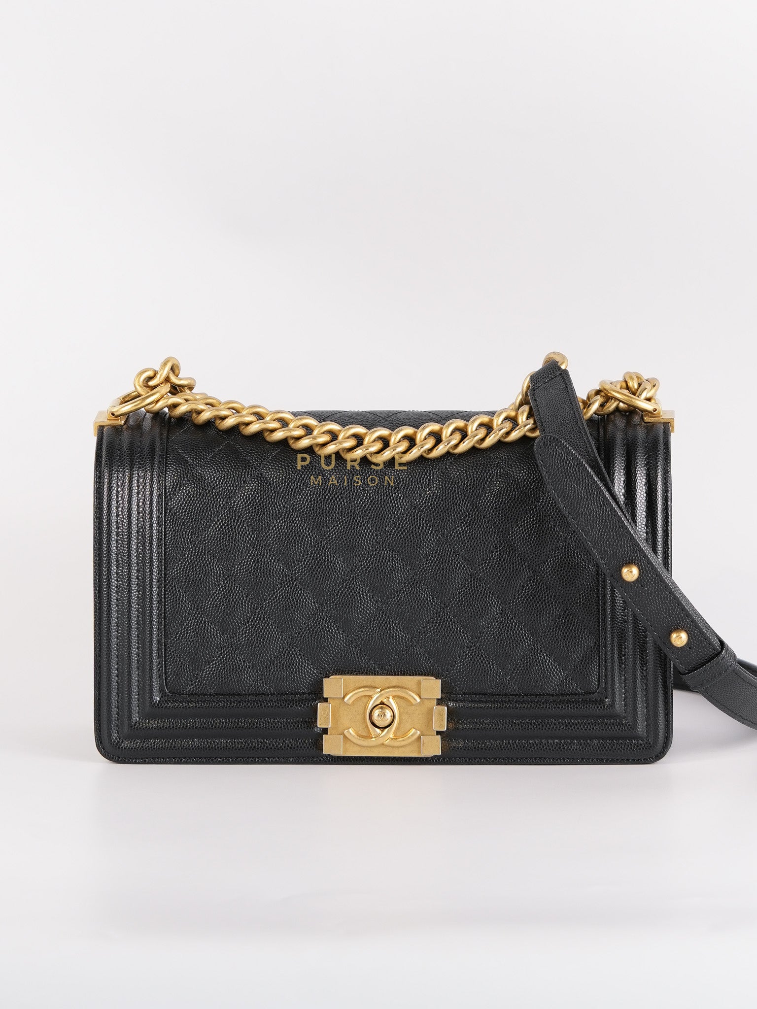 Boy Old Medium in Black Quilted Caviar Leather & Aged Gold Hardware Series 29 | Purse Maison Luxury Bags Shop
