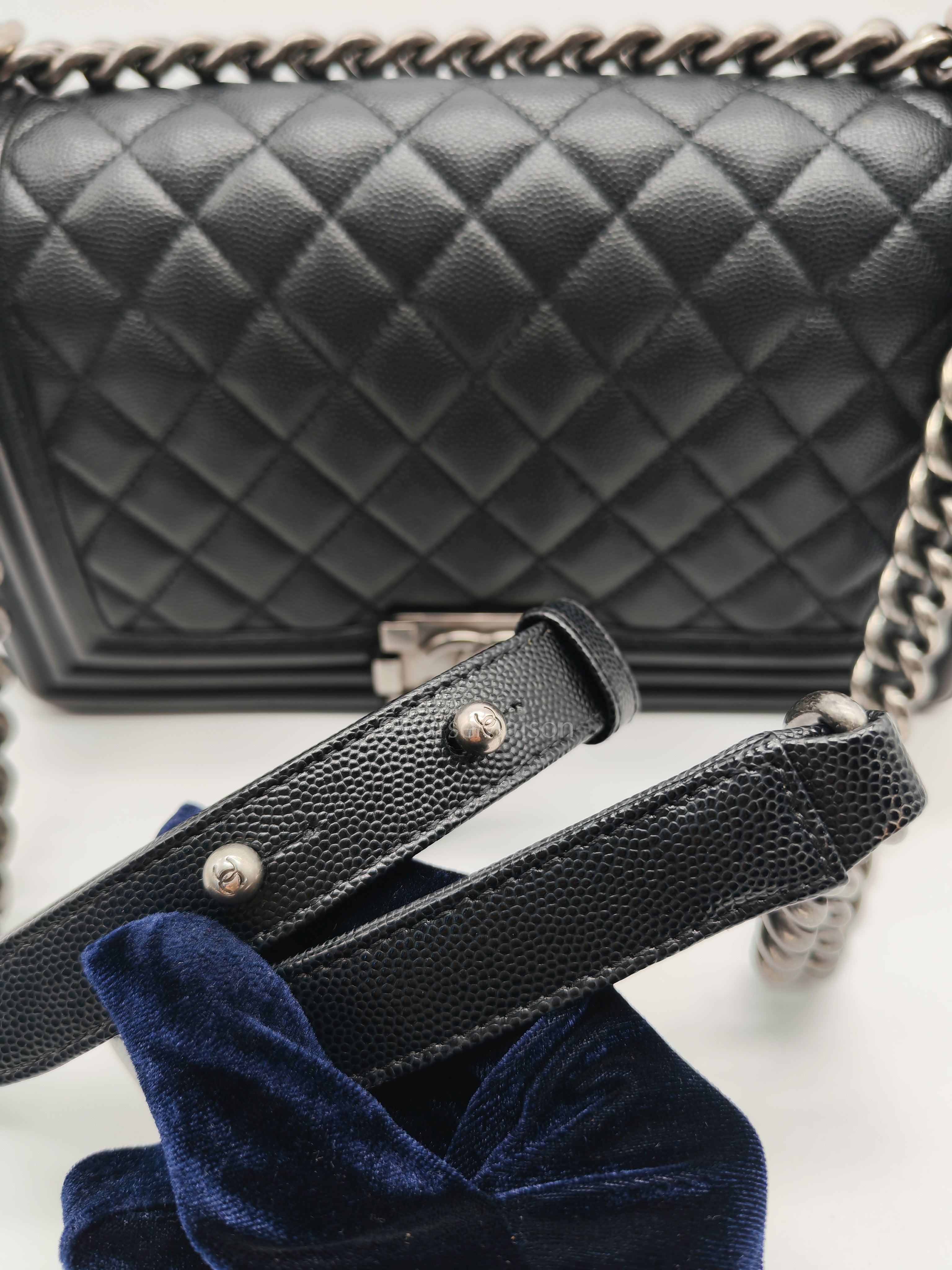 Boy Old Medium in Black Quilted Caviar Leather and Ruthenium Hardware (Microchip) | Purse Maison Luxury Bags Shop