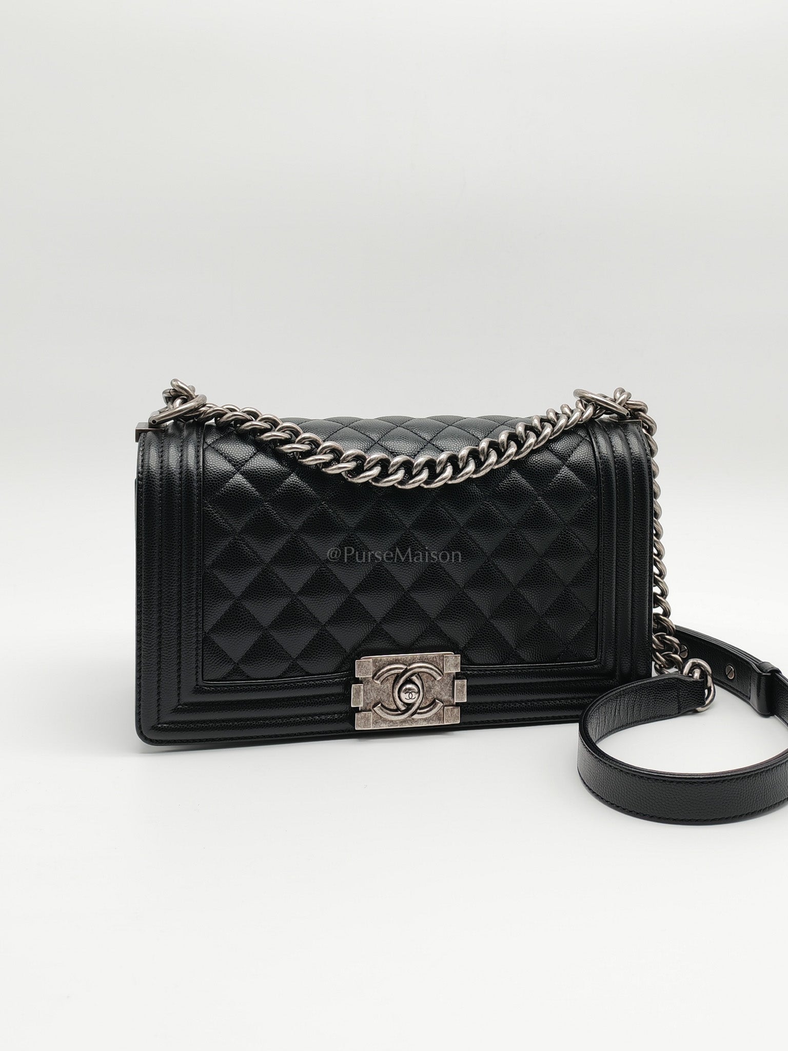 Boy Old Medium in Black Quilted Caviar Leather and Ruthenium Hardware (Microchip) | Purse Maison Luxury Bags Shop