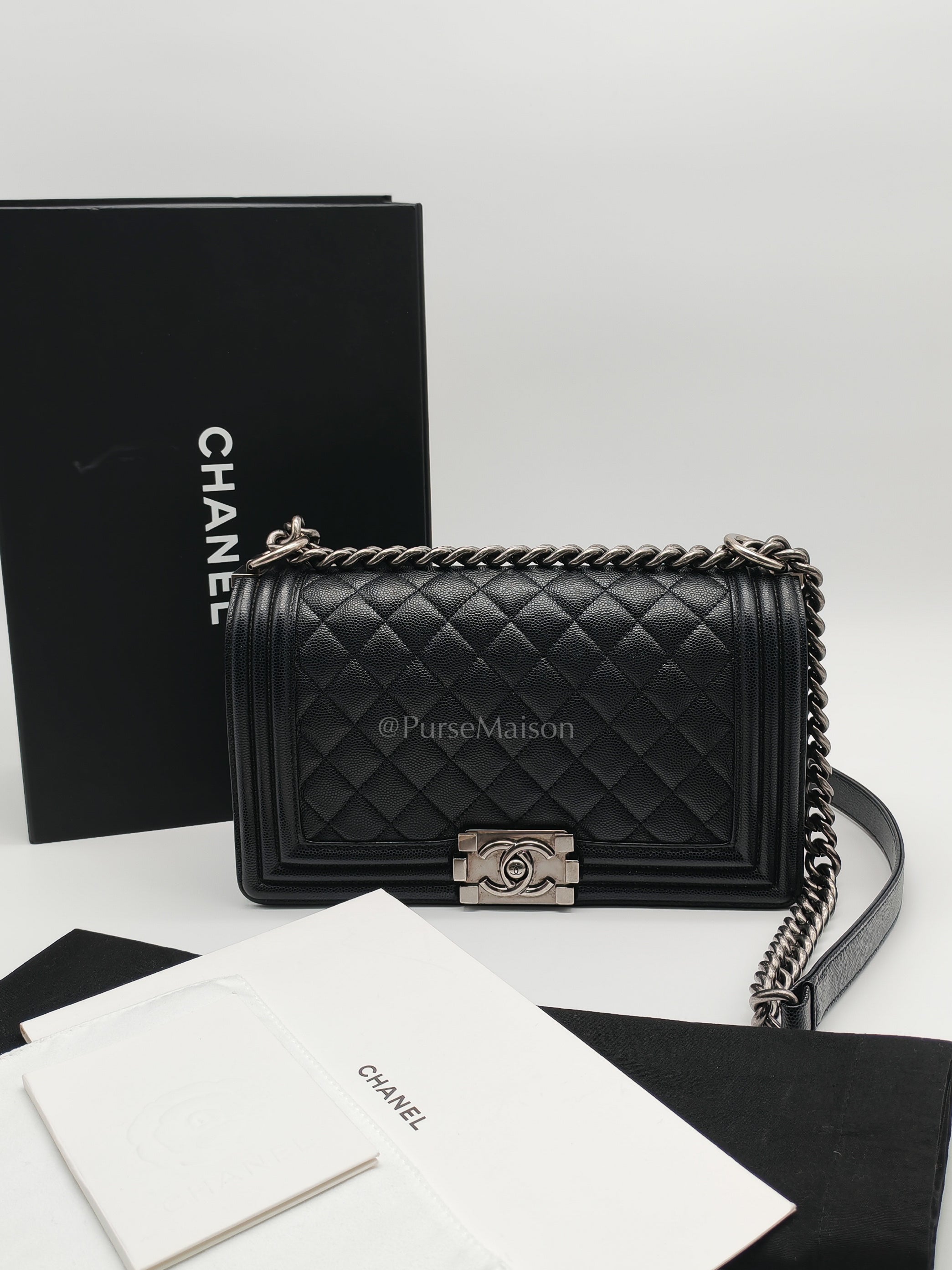Boy Old Medium in Black Quilted Caviar Leather and Ruthenium Hardware (Microchip) | Purse Maison Luxury Bags Shop