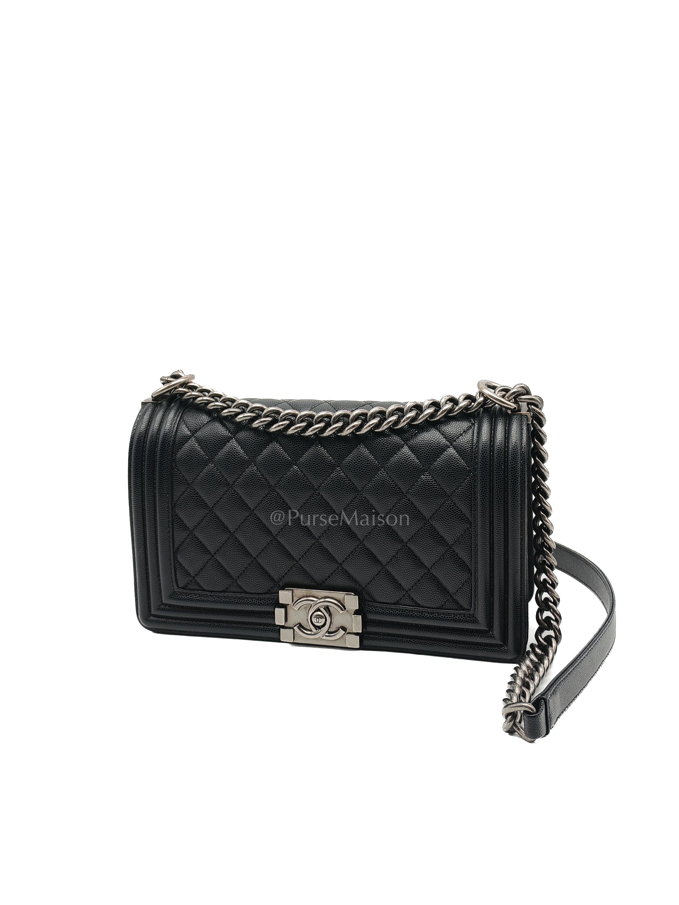 Boy Old Medium in Black Quilted Caviar Leather and Ruthenium Hardware (Microchip) | Purse Maison Luxury Bags Shop