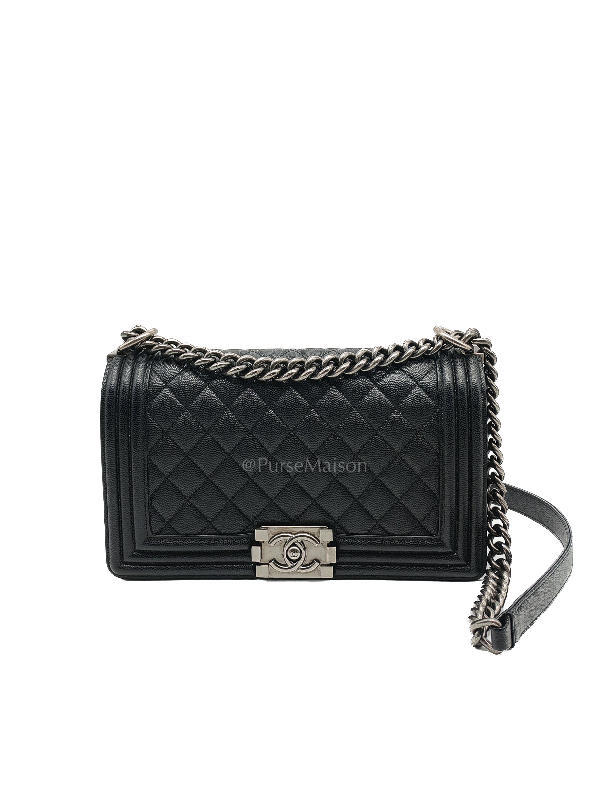 Boy Old Medium in Black Quilted Caviar Leather and Ruthenium Hardware (Microchip) | Purse Maison Luxury Bags Shop