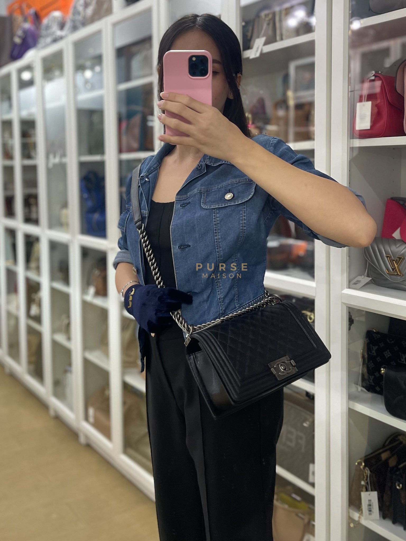 Boy Old Medium in Black Caviar Leather Ruthenium Hardware (Microchip) | Purse Maison Luxury Bags Shop