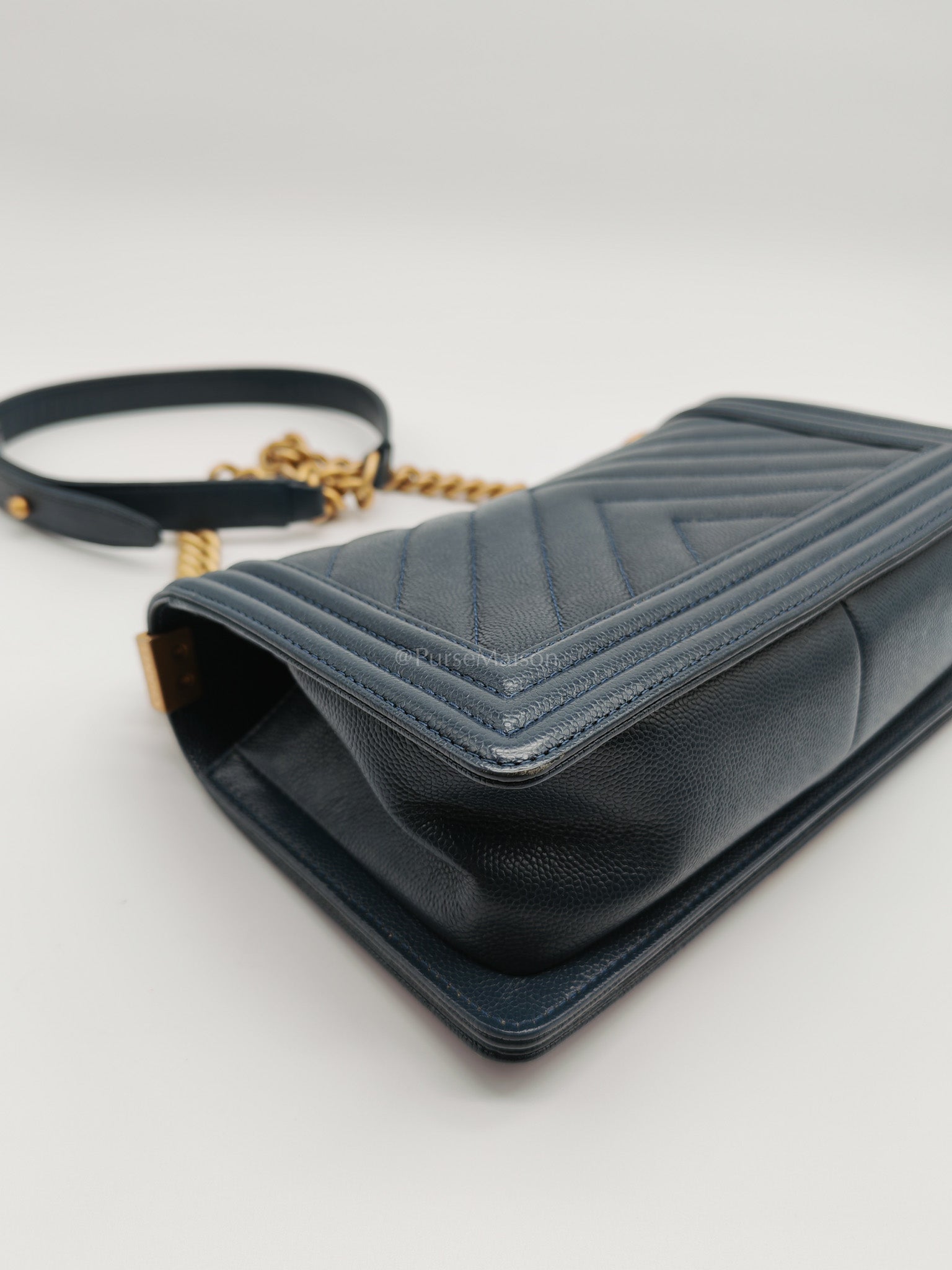Boy Old Medium in Blue Gray Chevron Caviar Leather and Aged Gold Hardware Series 25 | Purse Maison Luxury Bags Shop