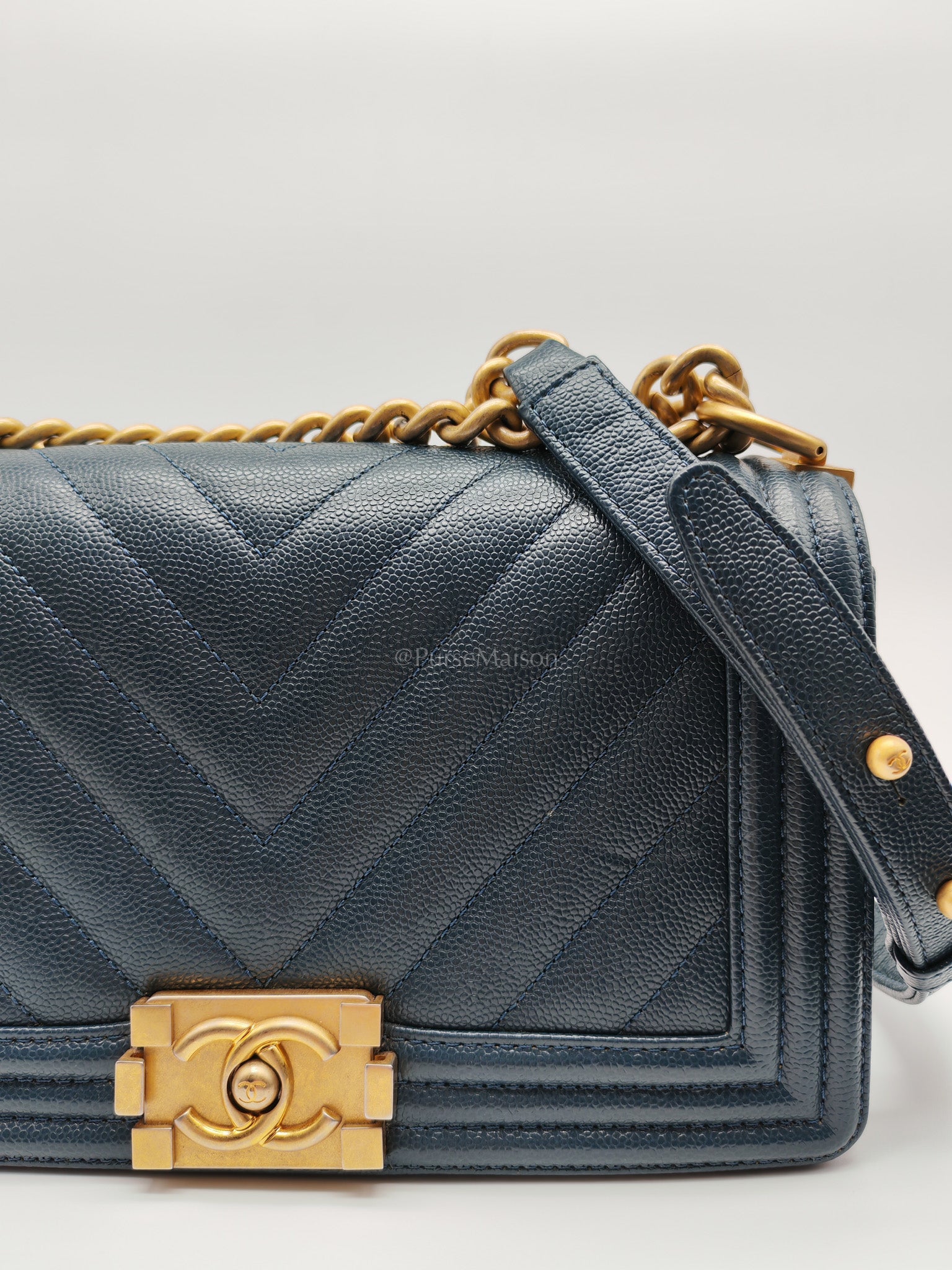 Boy Old Medium in Blue Gray Chevron Caviar Leather and Aged Gold Hardware Series 25 | Purse Maison Luxury Bags Shop