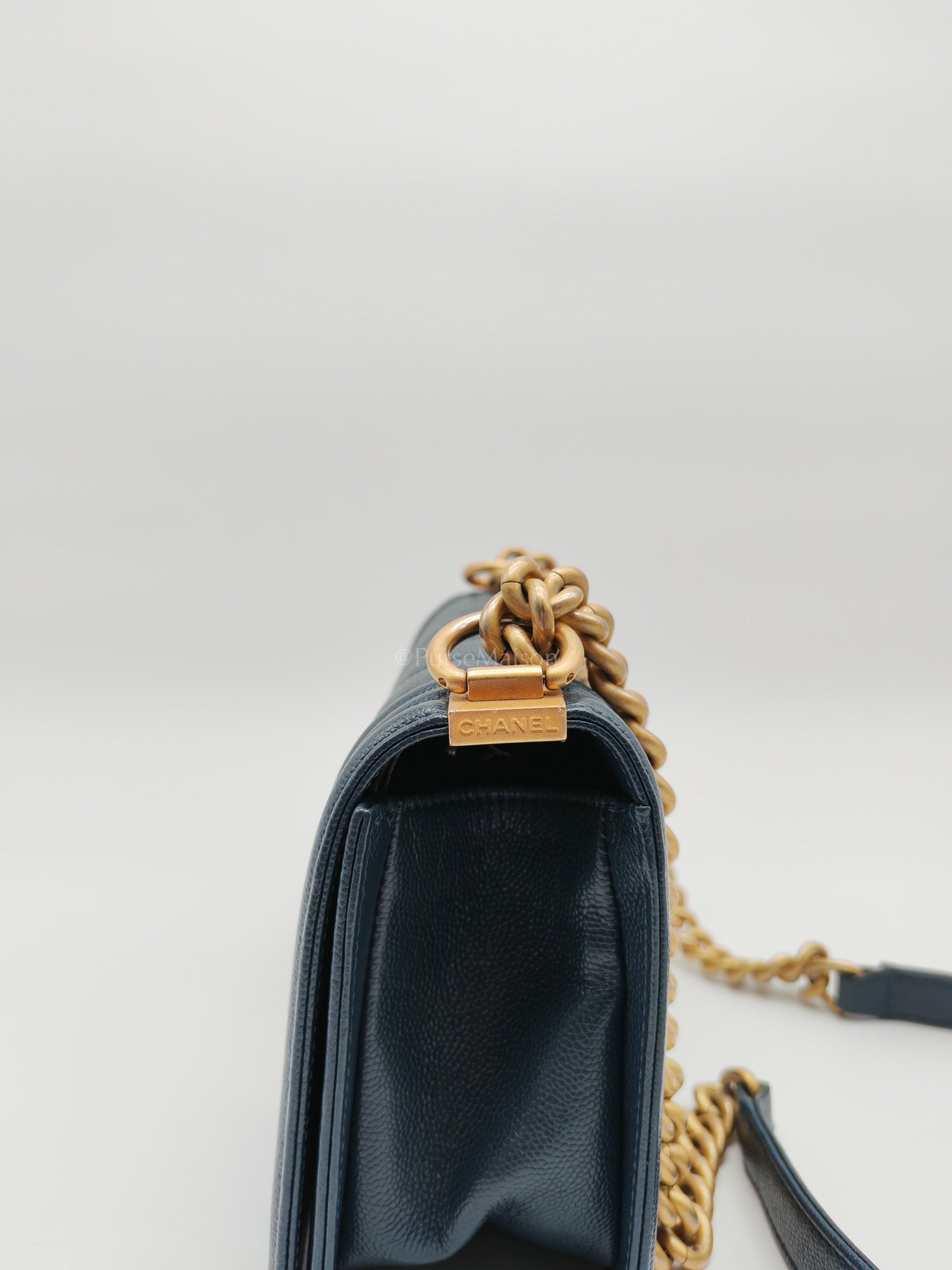 Boy Old Medium in Blue Gray Chevron Caviar Leather and Aged Gold Hardware Series 25 | Purse Maison Luxury Bags Shop