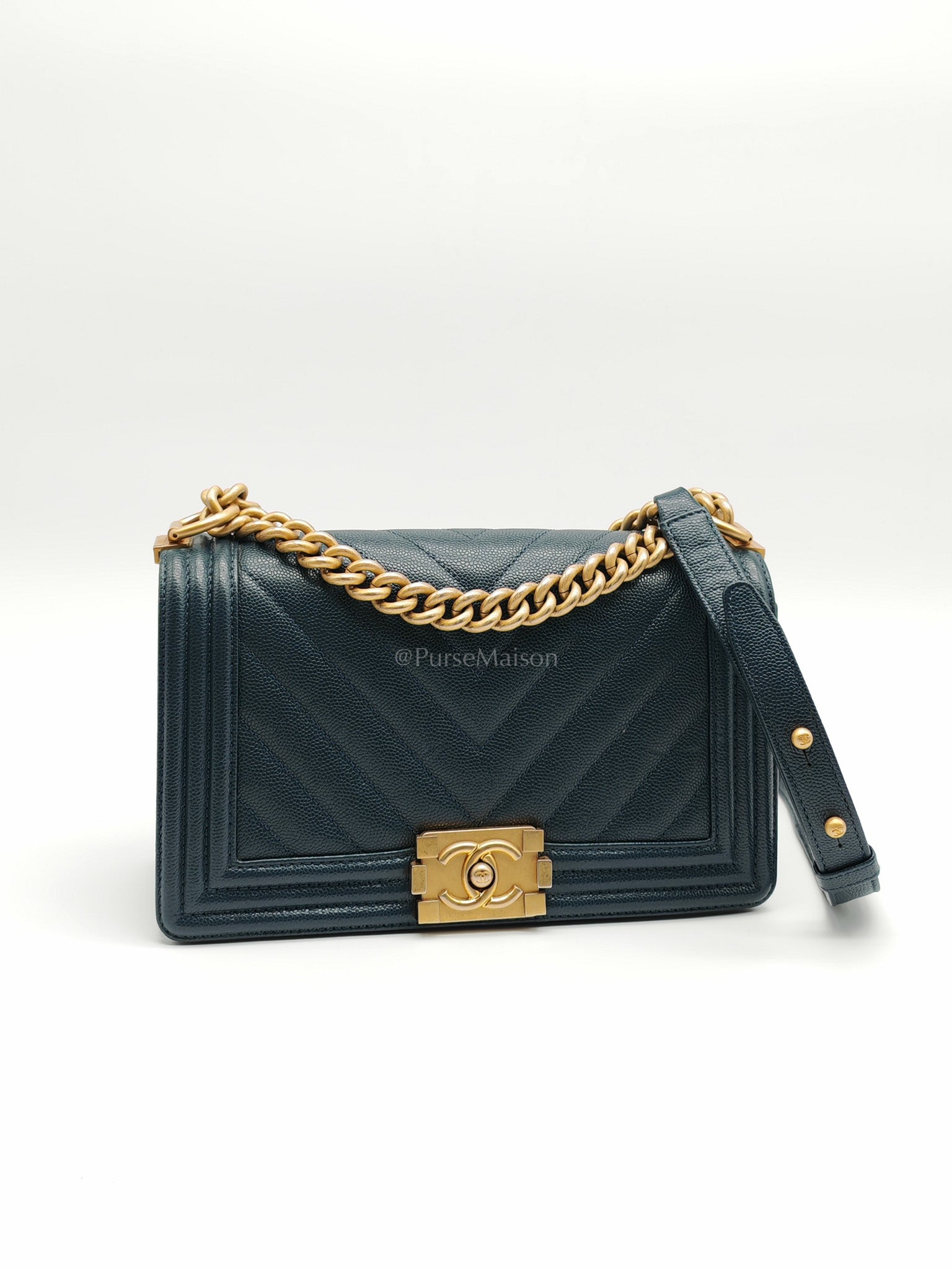 Boy Old Medium in Blue Gray Chevron Caviar Leather and Aged Gold Hardware Series 25 | Purse Maison Luxury Bags Shop