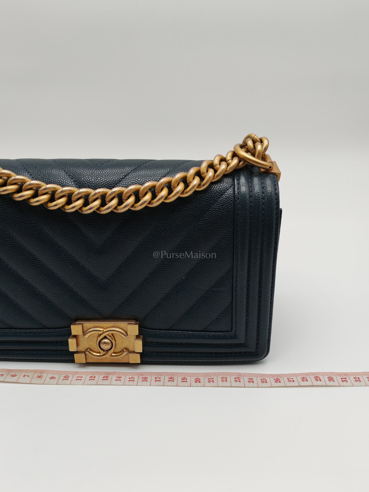 Boy Old Medium in Blue Gray Chevron Caviar Leather and Aged Gold Hardware Series 25 | Purse Maison Luxury Bags Shop
