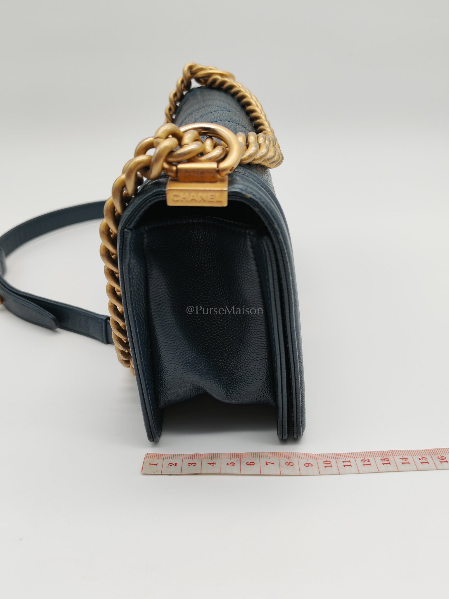 Boy Old Medium in Blue Gray Chevron Caviar Leather and Aged Gold Hardware Series 25 | Purse Maison Luxury Bags Shop