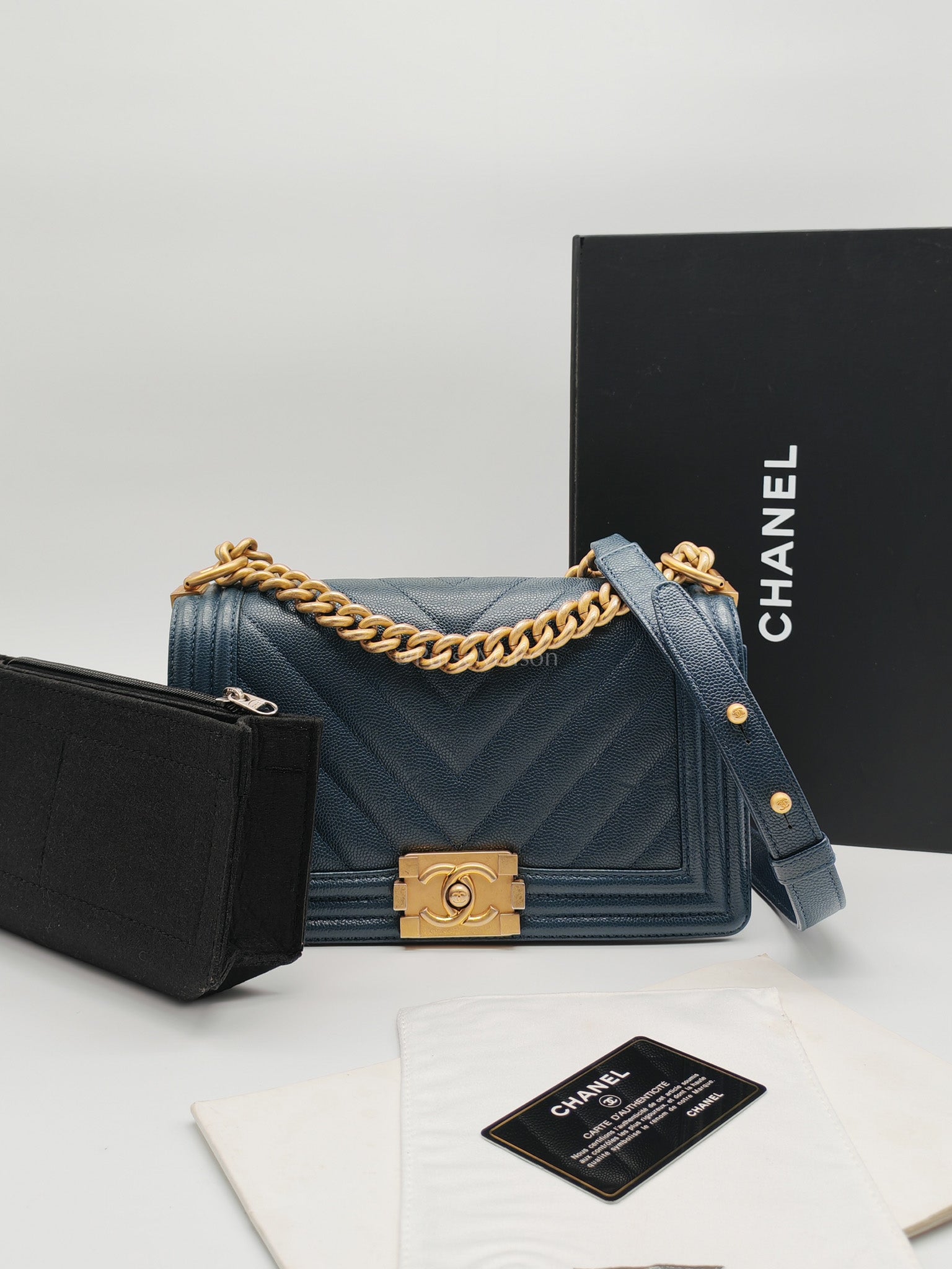 Boy Old Medium in Blue Gray Chevron Caviar Leather and Aged Gold Hardware Series 25 | Purse Maison Luxury Bags Shop