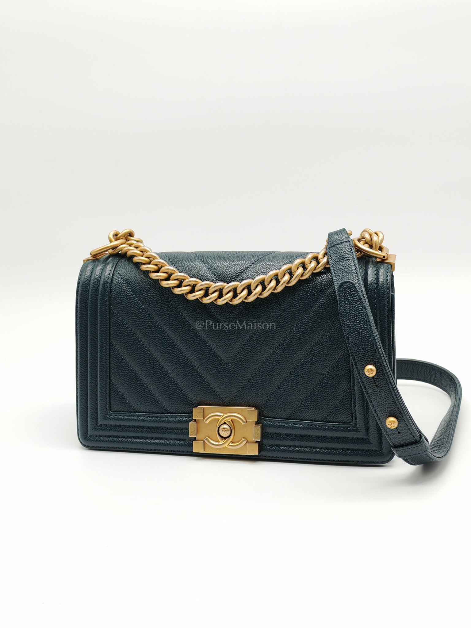 Boy Old Medium in Blue Gray Chevron Caviar Leather and Aged Gold Hardware Series 25 | Purse Maison Luxury Bags Shop