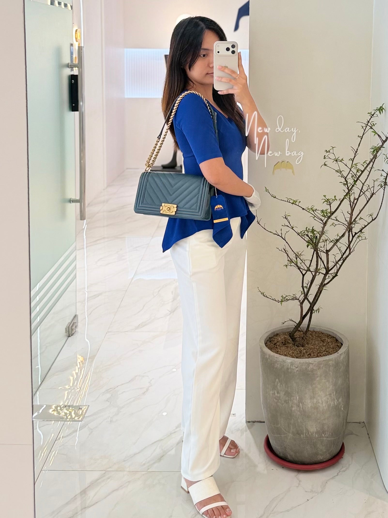 Boy Old Medium in Blue Gray Chevron Caviar Leather and Aged Gold Hardware Series 25 | Purse Maison Luxury Bags Shop