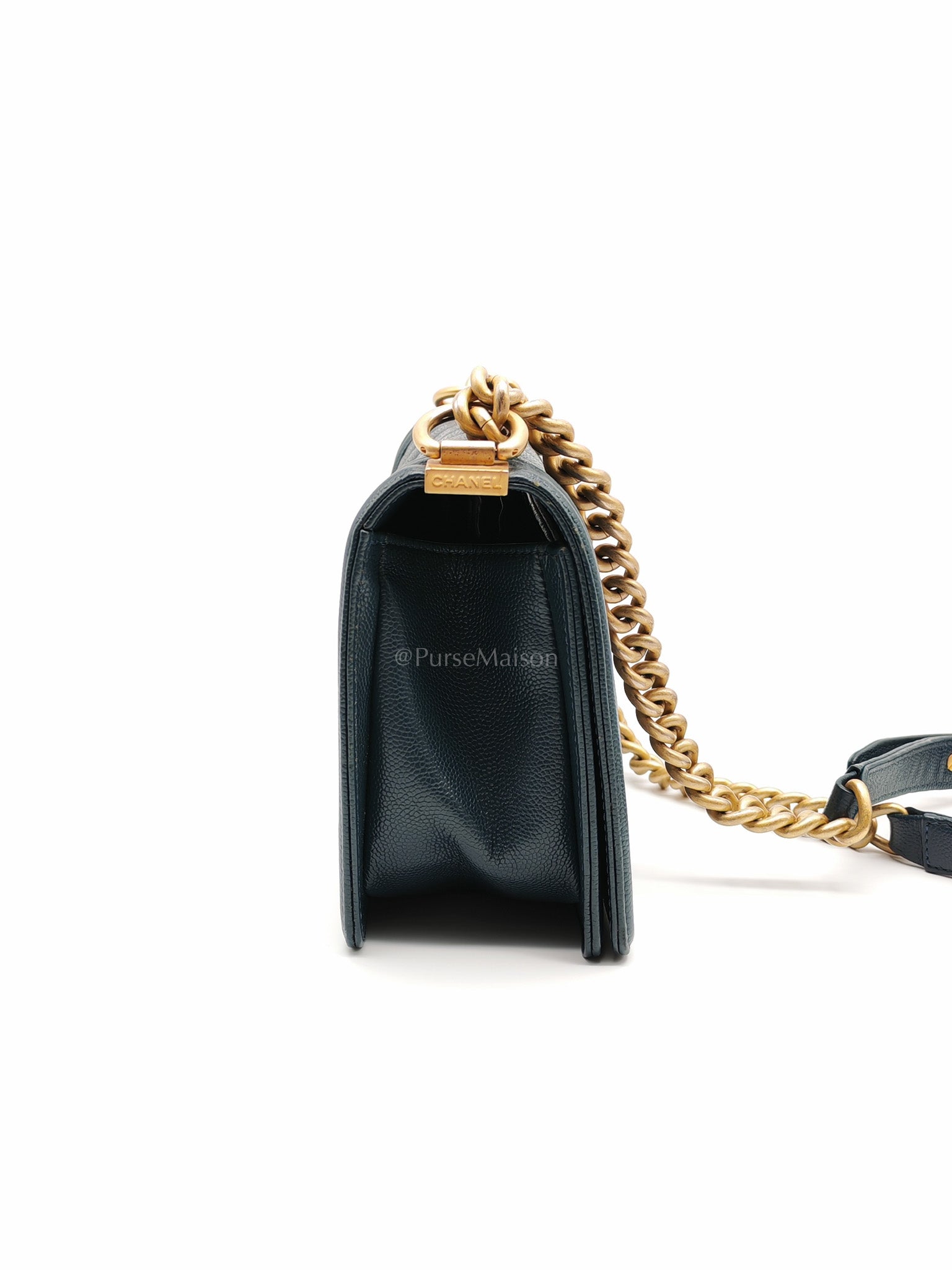 Boy Old Medium in Blue Gray Chevron Caviar Leather and Aged Gold Hardware Series 25 | Purse Maison Luxury Bags Shop