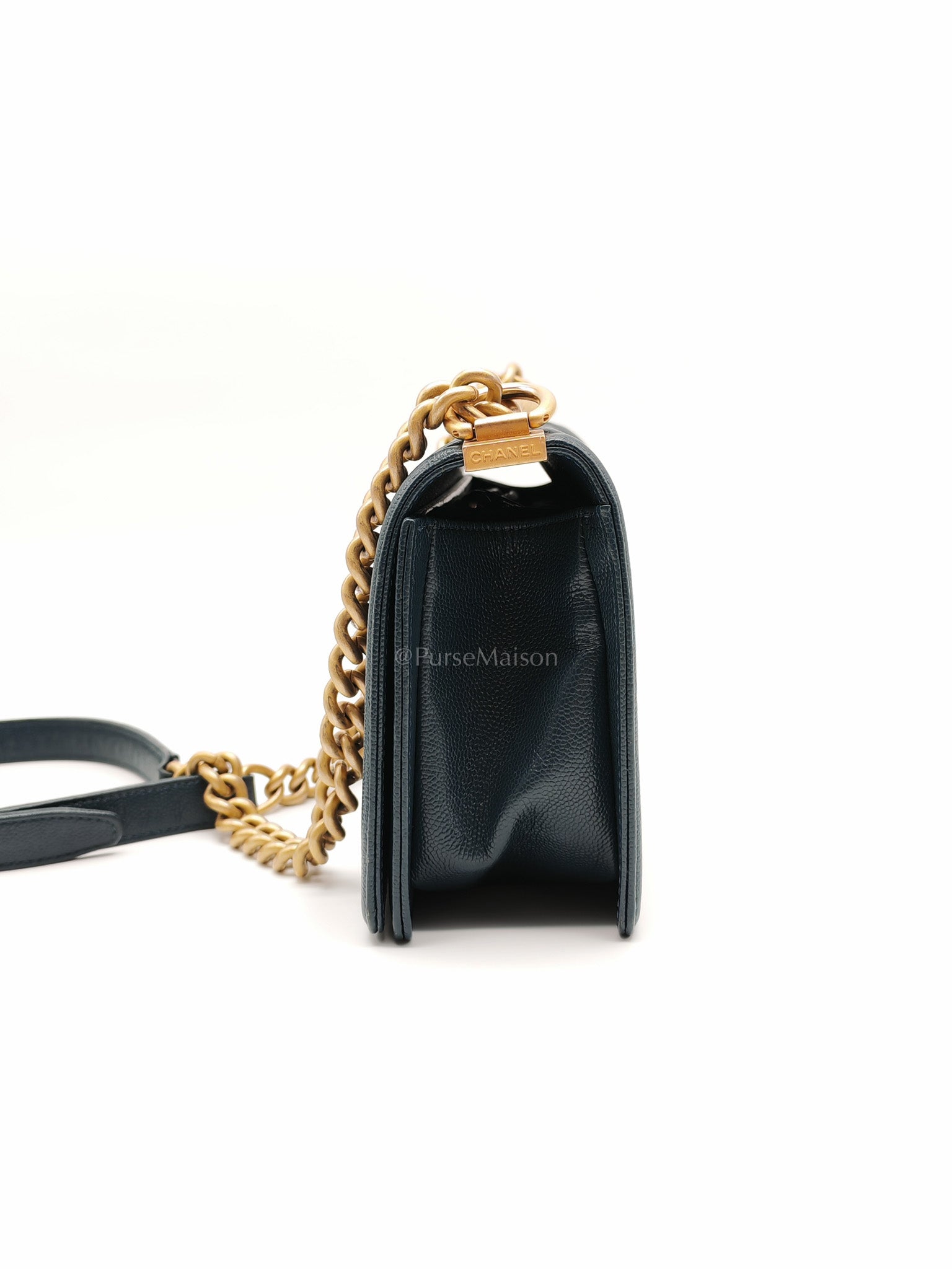 Boy Old Medium in Blue Gray Chevron Caviar Leather and Aged Gold Hardware Series 25 | Purse Maison Luxury Bags Shop