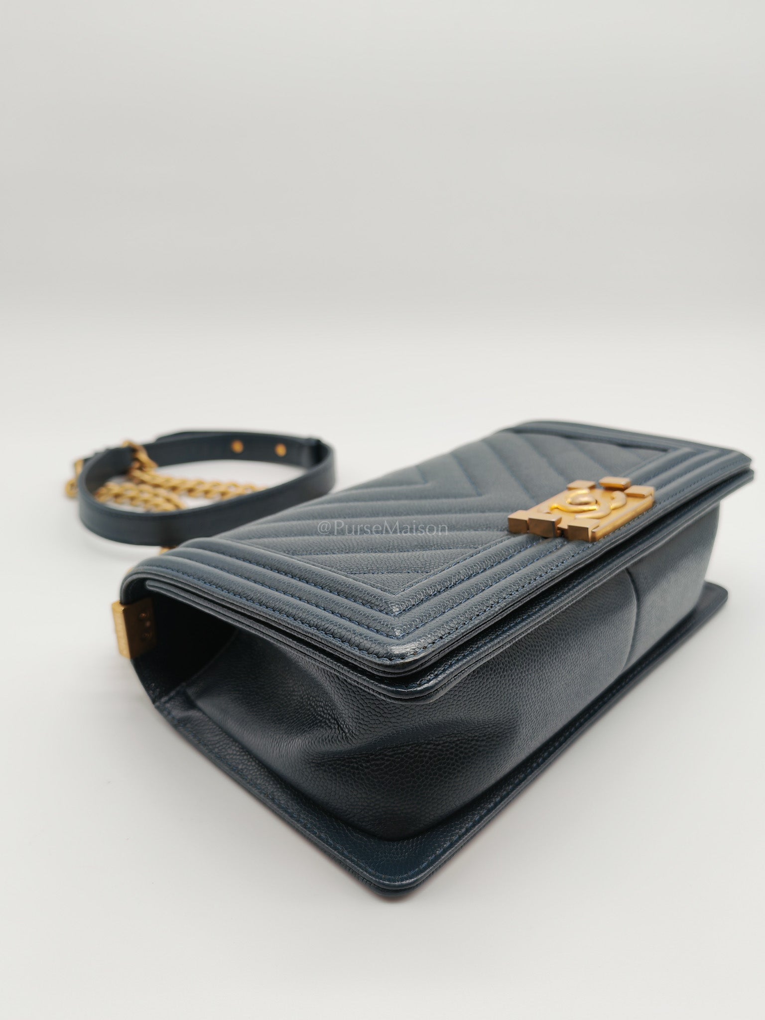 Boy Old Medium in Blue Gray Chevron Caviar Leather and Aged Gold Hardware Series 25 | Purse Maison Luxury Bags Shop