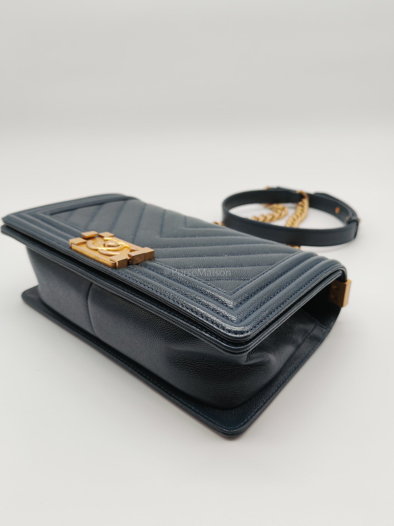 Boy Old Medium in Blue Gray Chevron Caviar Leather and Aged Gold Hardware Series 25 | Purse Maison Luxury Bags Shop