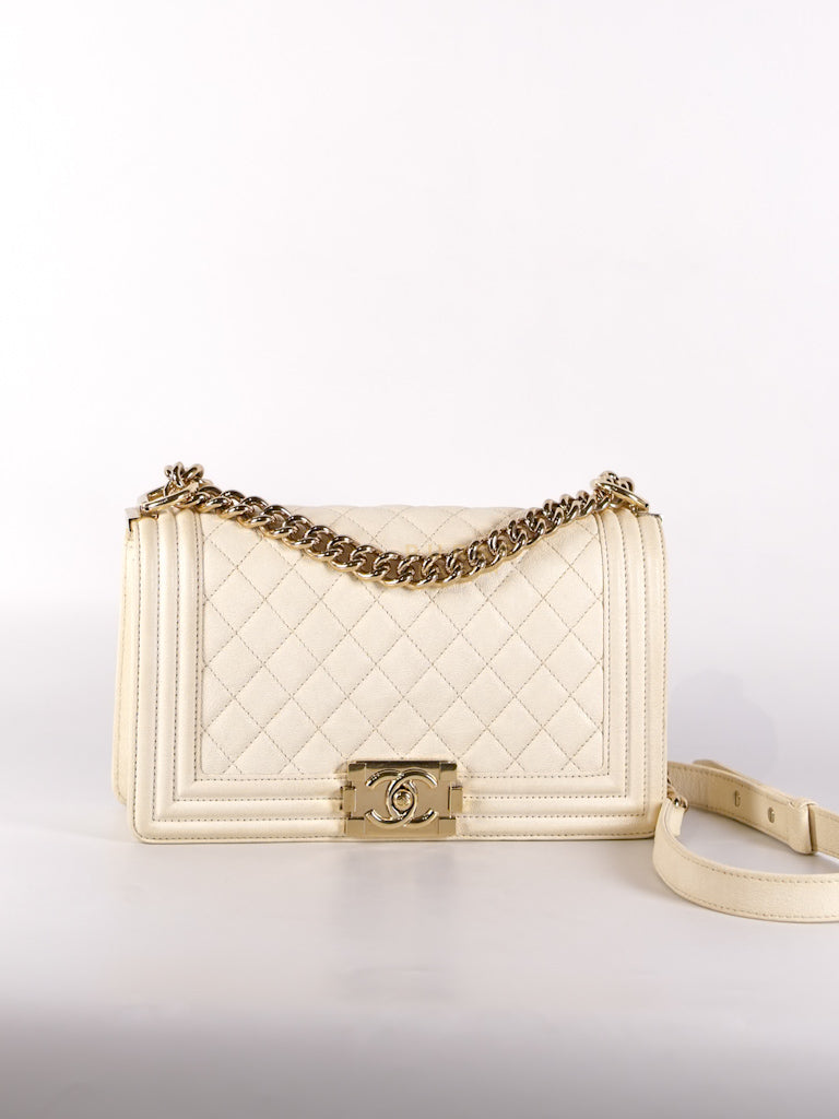 Boy Old Medium in Cream Caviar Leather and Light Gold Hardware Series 27 | Purse Maison Luxury Bags Shop
