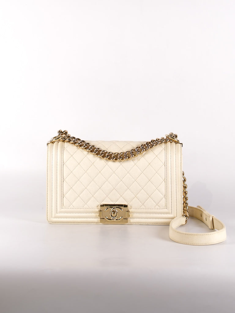 Boy Old Medium in Cream Caviar Leather and Light Gold Hardware Series 27 | Purse Maison Luxury Bags Shop