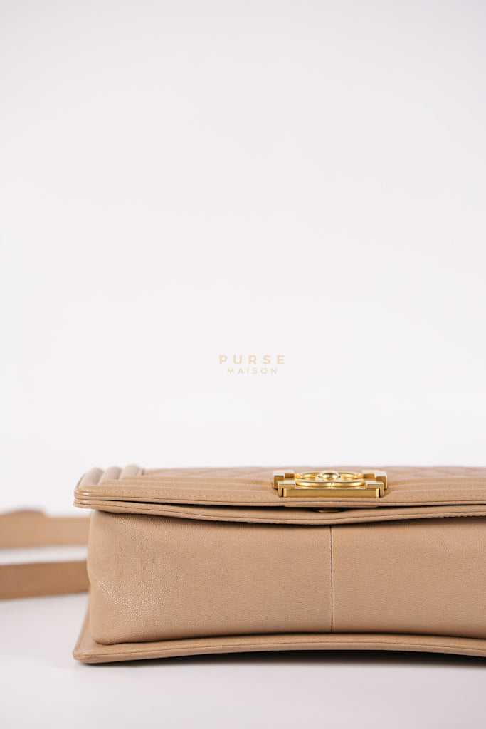Boy Old Medium in Dark Beige Caviar Leather Aged Gold Hardware (Series 27) | Purse Maison Luxury Bags Shop